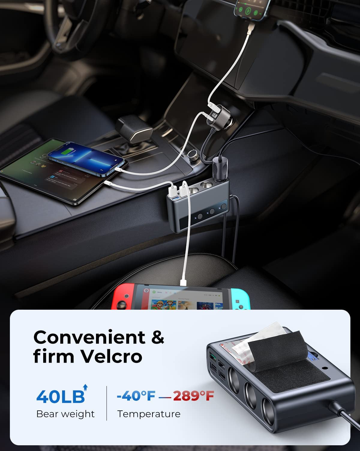 9 in 1 Car Adapter, Joyroom 3 Socket Cigarette Lighter Splitter with PD/QC 3.0 * 2 Charge(3.3Ft Cable), 154W 12V/24V Independent Switches DC Outlet Charger for All Car Devices  JOYROOM   