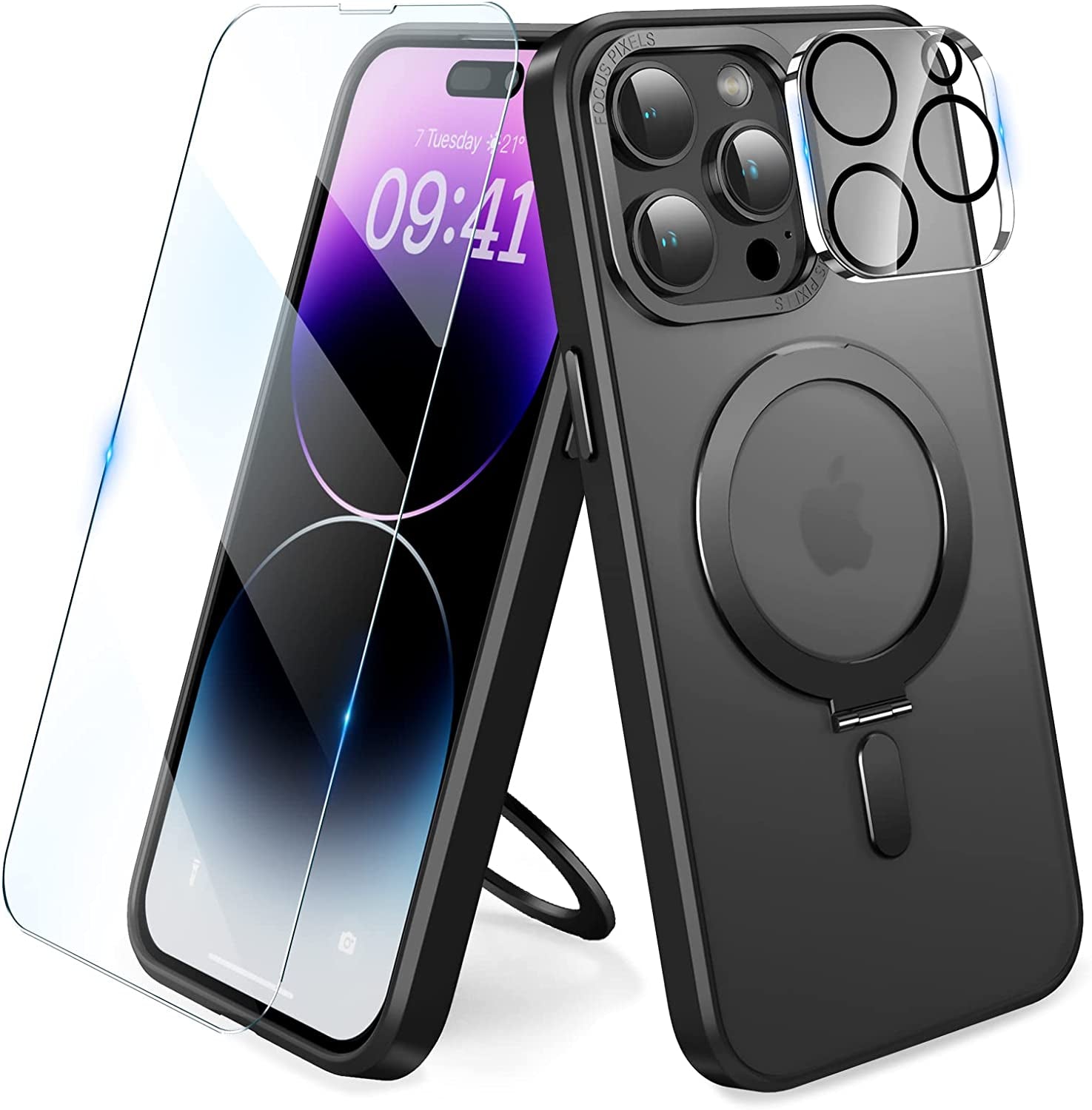 Niufoey Magnetic Stand Case for Iphone 14 Pro Max Case with Invisible Stand,[Compatible with Mag Safe][Translucent Matte Case][Tempered Glass Screen Protector+Camera Lens Protector] 6.7 Inch, Black  niufoey   