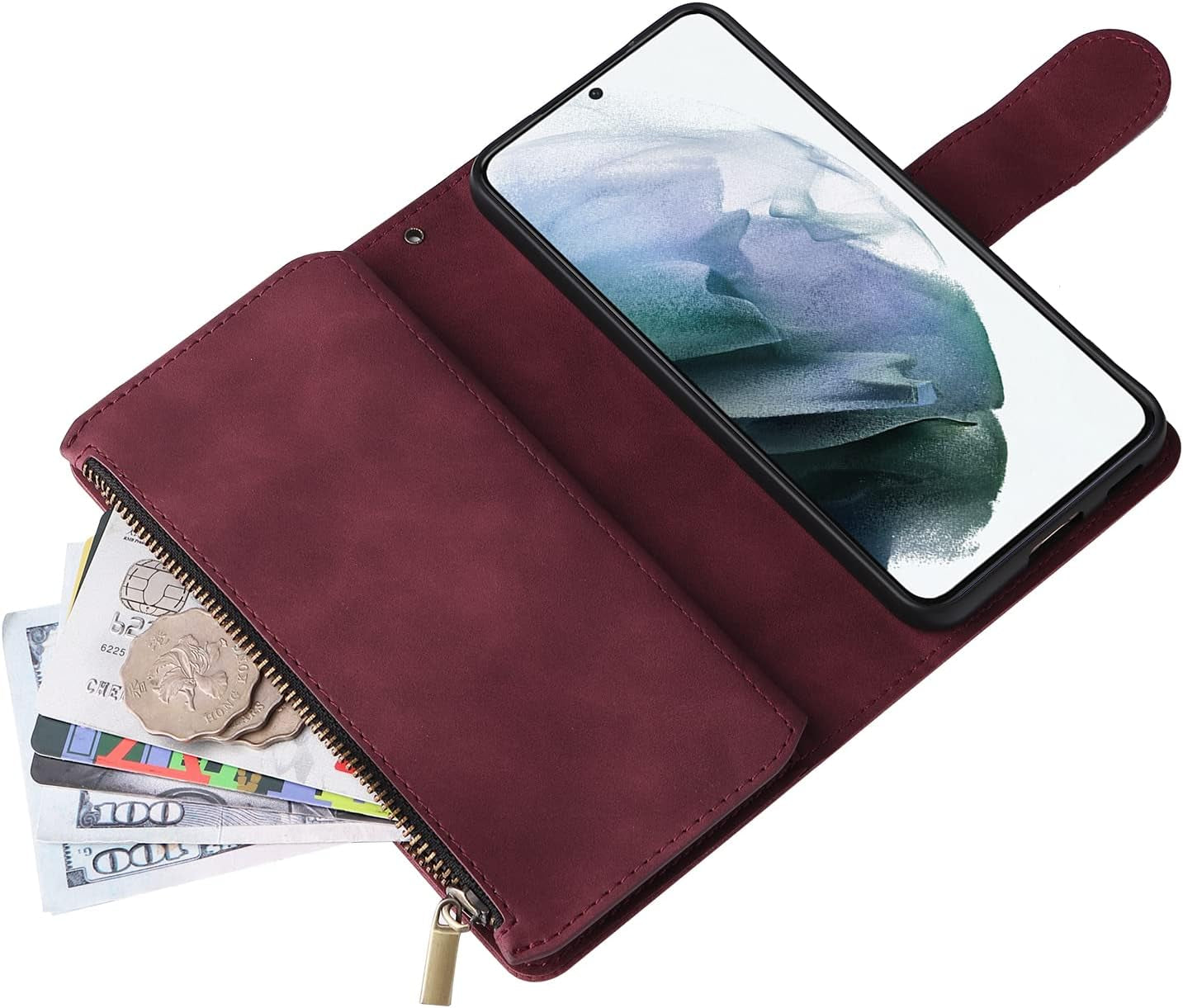 ZZXX Samsung Galaxy S22+ plus Case Wallet with Card Slot Premium Soft PU Leather Zipper Flip Folio with Wrist Strap Kickstand Protective for Samsung S22+ plus Wallet Case(Wine Red-6.6 Inch)  ZZXX   