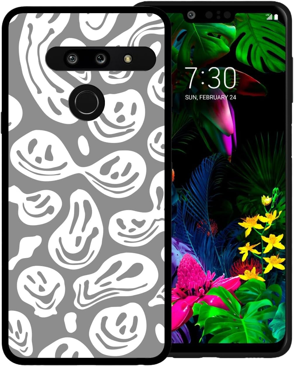 Zaztify Phone Case for LG G8 Thinq, Pastel Pink White Funny Trippy Dripping Smile Melted Hippie Smiling Skull Ghost Face Shockproof Protective Cover Shell  zaztify Grey White Trippy Face  
