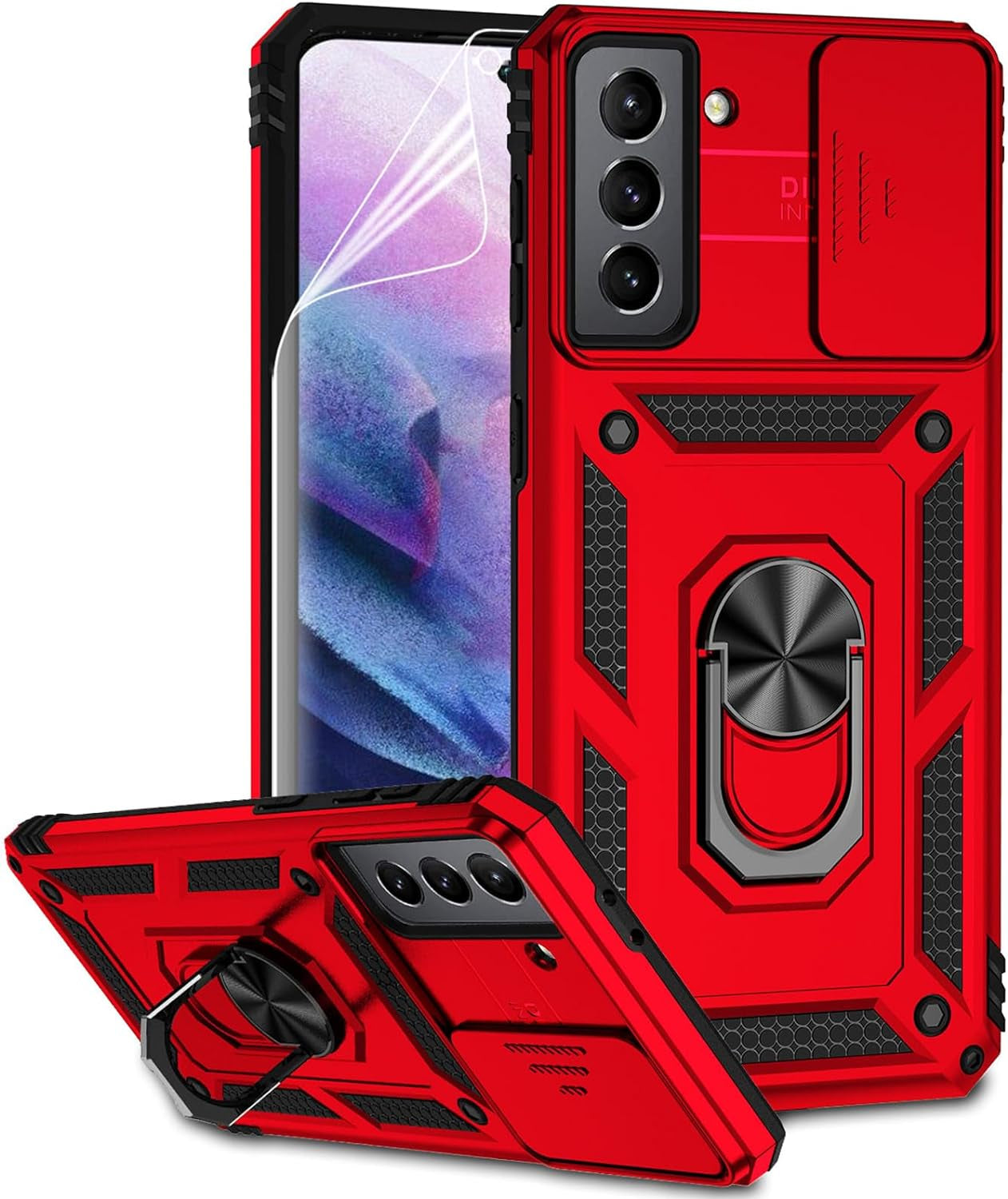 For Samsung Galaxy S21 plus Case with Camera Lens Cover HD Screen Protector, Military-Grade Drop Tested Magnetic Ring Holder Kickstand Protective Phone Case for Samsung Galaxy S21+ plus 5G (Navy Blue)  JINZHI Inc Red With Camera Cover Military-Grade 2Nd Gen  