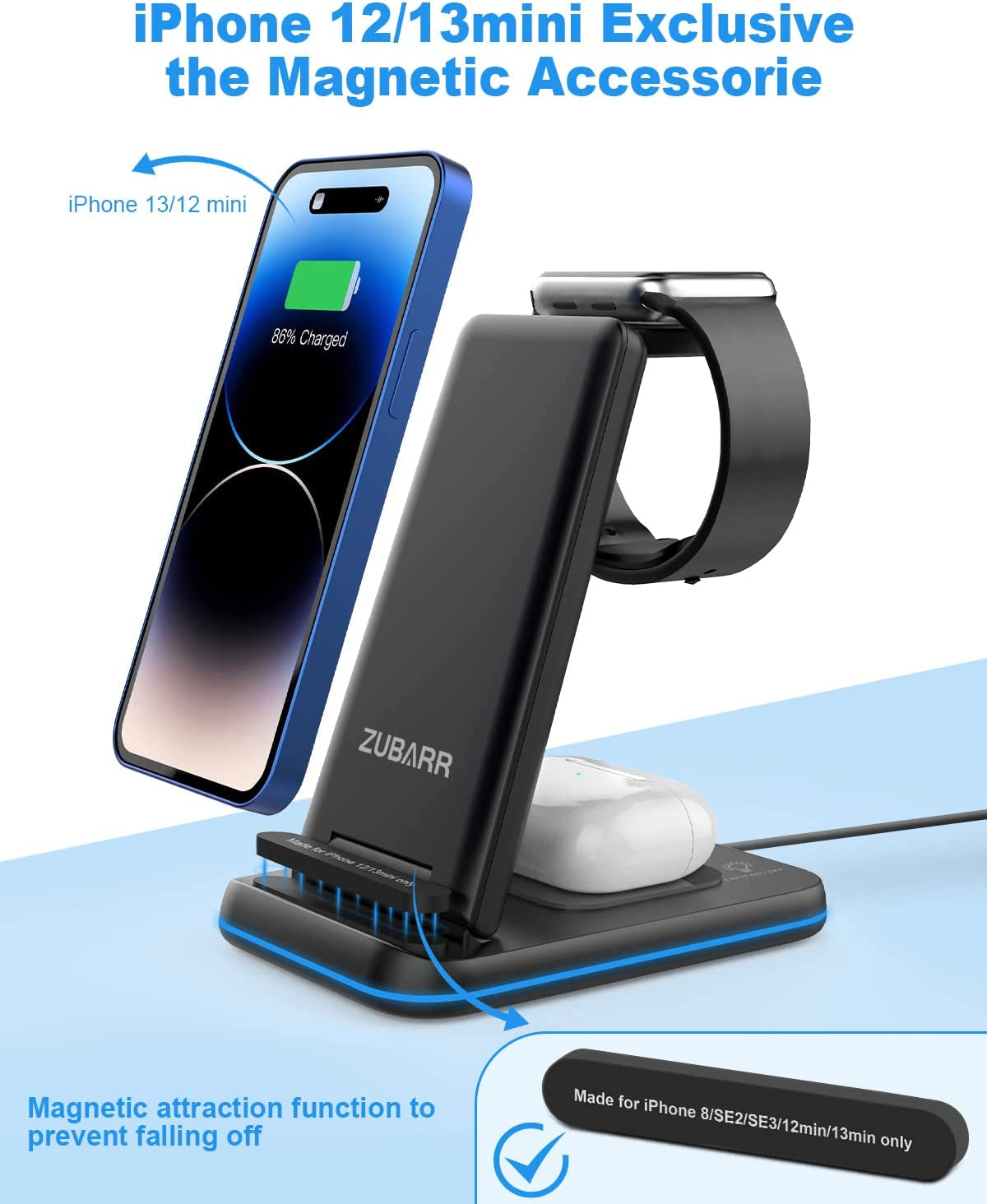 ZUBARR Foldable Wireless Charger for Multiple Devices 3 in 1 Wireless Charging Station for Travel, Compatible with Iphone14 13 12 11/Pro/Xr, Iwatch Charger Forse/8/7/6/5/4/3/2, Airpods Wireless/Pro  ZUBARR   
