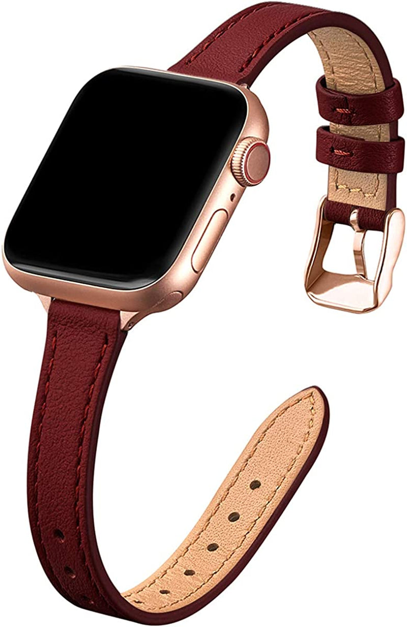 STIROLL Slim Leather Bands Compatible with Apple Watch Band 38Mm 40Mm 41Mm 42Mm 44Mm 45Mm 49Mm, Top Grain Leather Watch Thin Wristband for Iwatch Ultra SE Series 8/7/6/5/4/3/2/1  STIROLL Wine Red with Rose Gold 42mm/44mm/45mm/49mm 