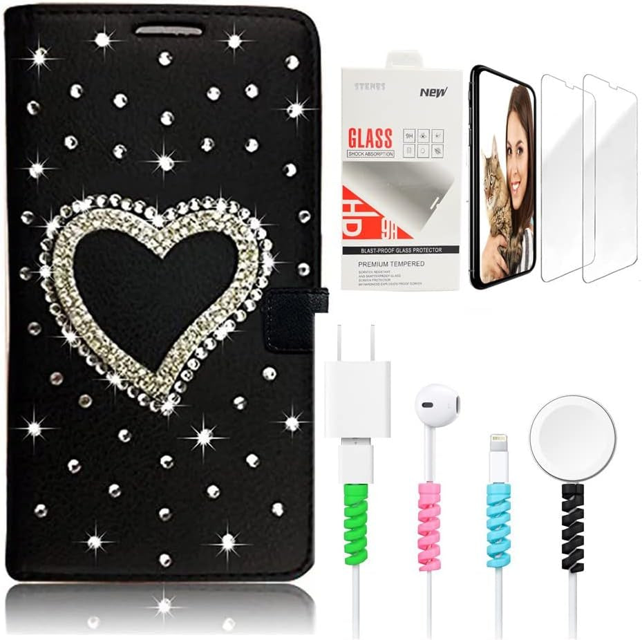 STENES Bling Wallet Phone Case Compatible with LG G7 Thinq - Stylish - 3D Handmade Crown Heart Design Leather Cover with Screen Protector & Cable Protector - Black  STENES Heart / Black Design For Iphone 14 Pro Max Case 