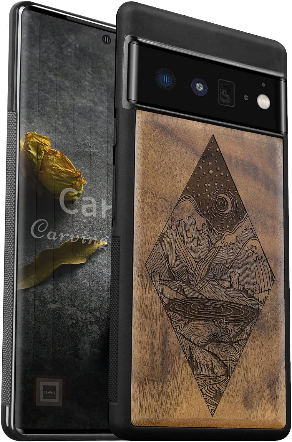 Carveit Wood Case for Pixel 6A Case 2022 [Natural Wood & Black Soft TPU] Shockproof Protective Cover Unique & Classy Wooden Case Compatible with Google Pixel 6A Case (Starry Night-Rosewood)  Carveit Walnut-Pixel 6 Pro Pixel 6 Pro (6.7 Inch) 