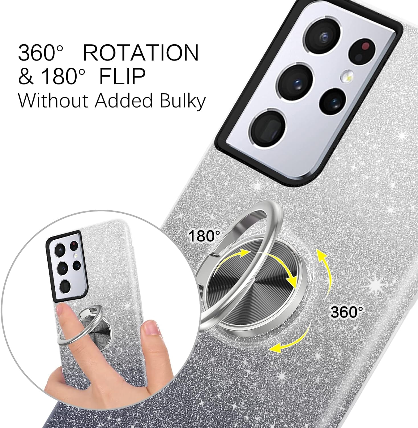 BENTOBEN Compatible with Samsung Galaxy S21 Ultra Case, Slim Fit Glitter Sparkly 360° Ring Holder Kickstand Magnetic Protective Girls Women Cover for Samsung Galaxy S21 Ultra 6.8“, Black  BENTOBEN   