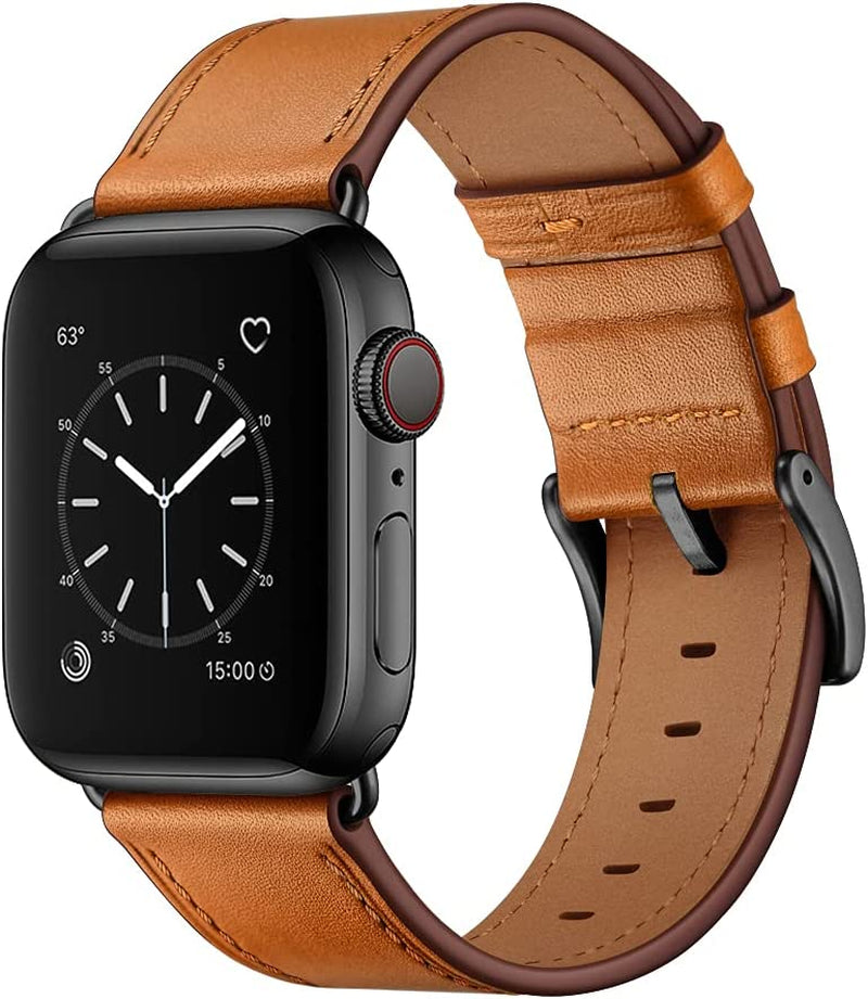 OUHENG Compatible with Apple Watch 49Mm 45Mm 44Mm 42Mm, Genuine Leather Band Replacement Strap Compatible with Apple Watch Ultra Series 8/7/6/5/4/3/2/1/SE2/SE, Black Band with Black Adapter  OUHENG Brown/Black 49mm/45mm/44mm/42mm 