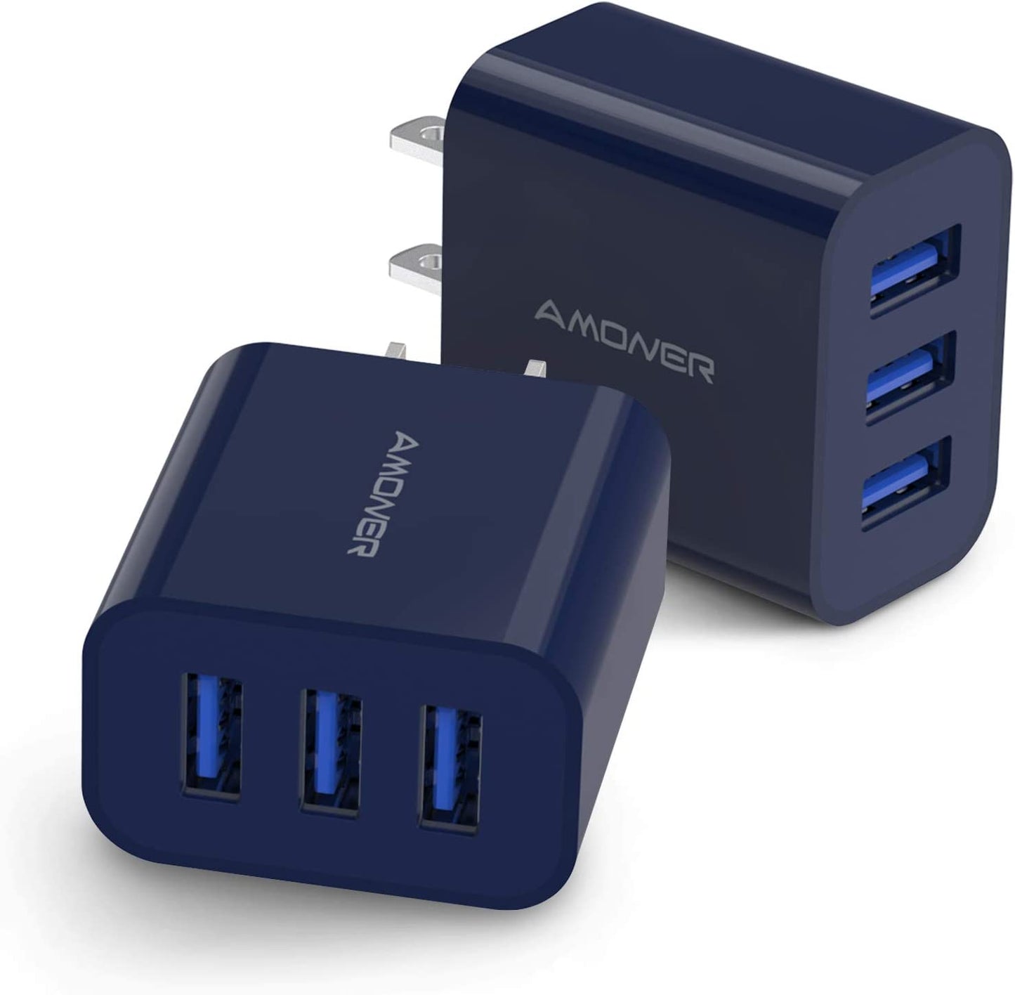USB Wall Charger, Amoner 2Pack 15W 3-Port USB Plug Cube USB Cube Power Adapter for Iphone 14/13/12/11/Pro/Promax/Xs/Xr/X/8, Galaxy S22 S21 and More and More  Amoner darkblue  