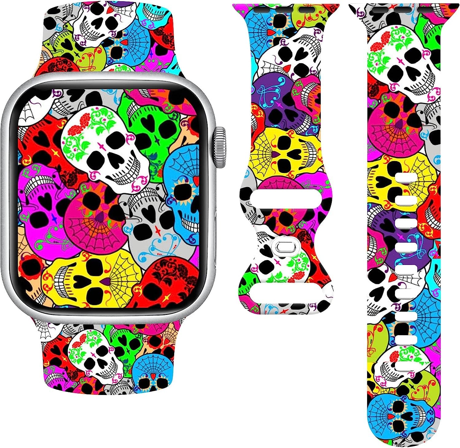 Halloween Watch Band Compatible with Apple Watch 38Mm 40Mm 41Mm 42Mm 44Mm 45Mm, Day of the Dead Decor Replacement Bands Silicone Wristbands Strap Compatible with All Iwatch Series  WANSENCE Style-2 38mm/40mm/41mm 
