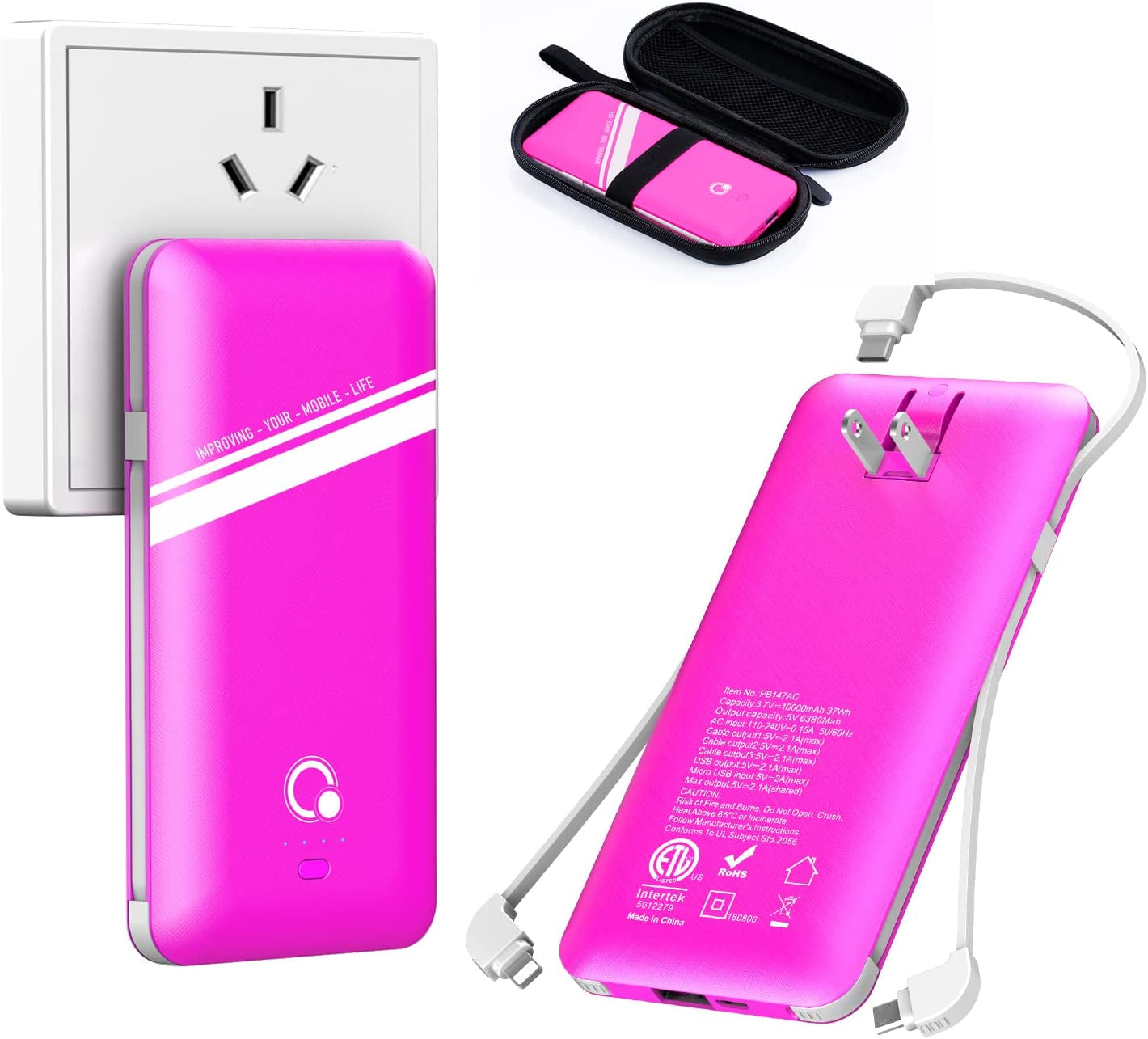 10000Mah Q Portable Charger, Ultra Slim USB C Power Bank, 4 Output Dual Input External Battery Pack with Built-In AC Wall Plug,Built in Micro and USB C Three Cables Compatible with All Mobilephone  Shen Zhen South Fortune Technology Co.,Ltd pink  