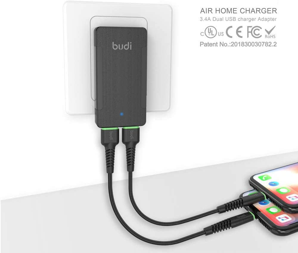 BUDI 17W Extra Slim Portable Wall Charger 2-Port USB-A Charger 3.15 X 1.57 X 0.4 Inches (Black USB-A)  BUDI   