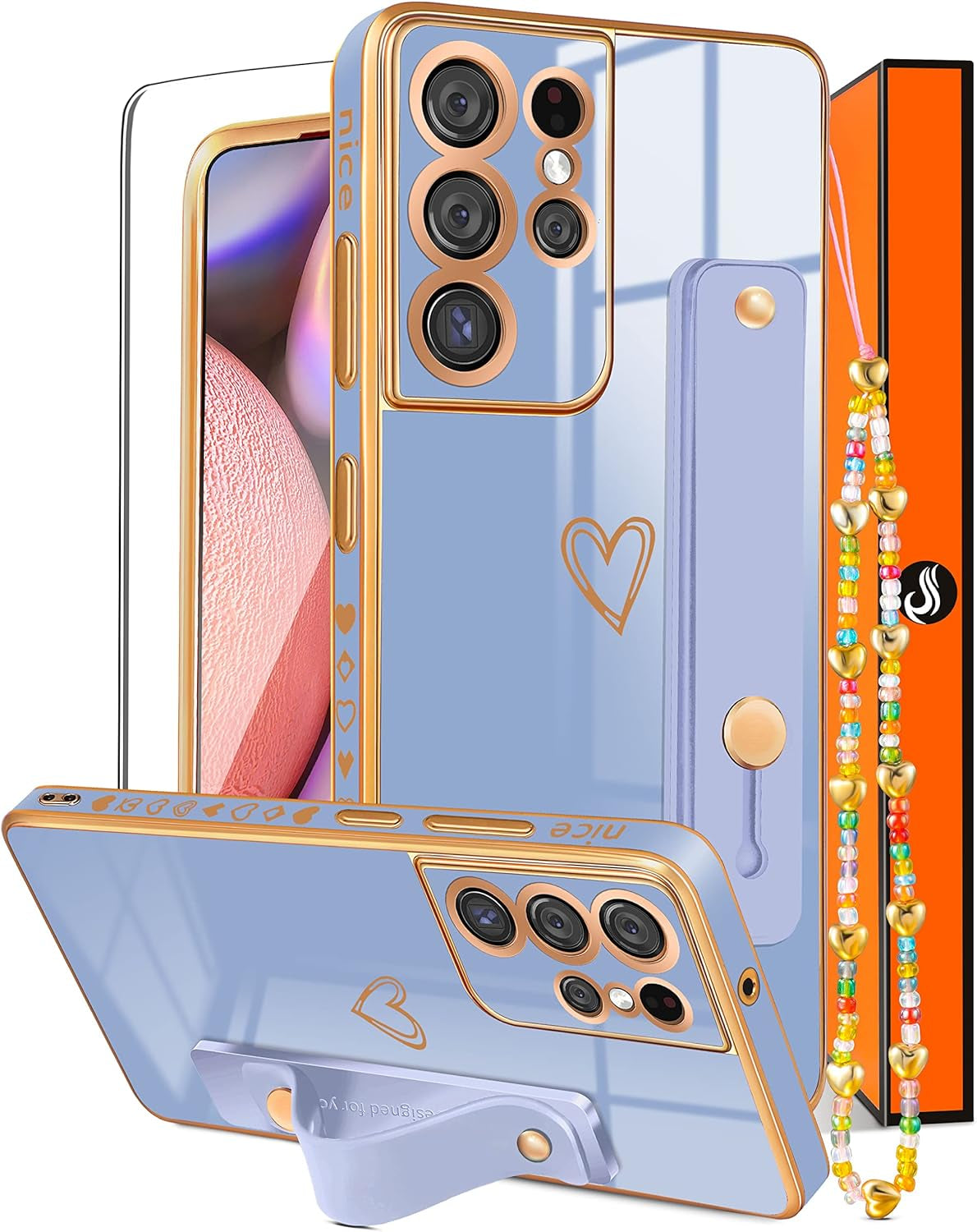 Likiyami (3In1 for Samsung Galaxy S21 Ultra Case Heart Women Girls Cute Girly Aesthetic Trendy Luxury Pretty with Loop Phone Cases Purple Lavender Plating Love Hearts Cover+Screen+Chain -6.8 Inch  Likiyami Only For Samsung Galaxy S21 Ultra-Blue  