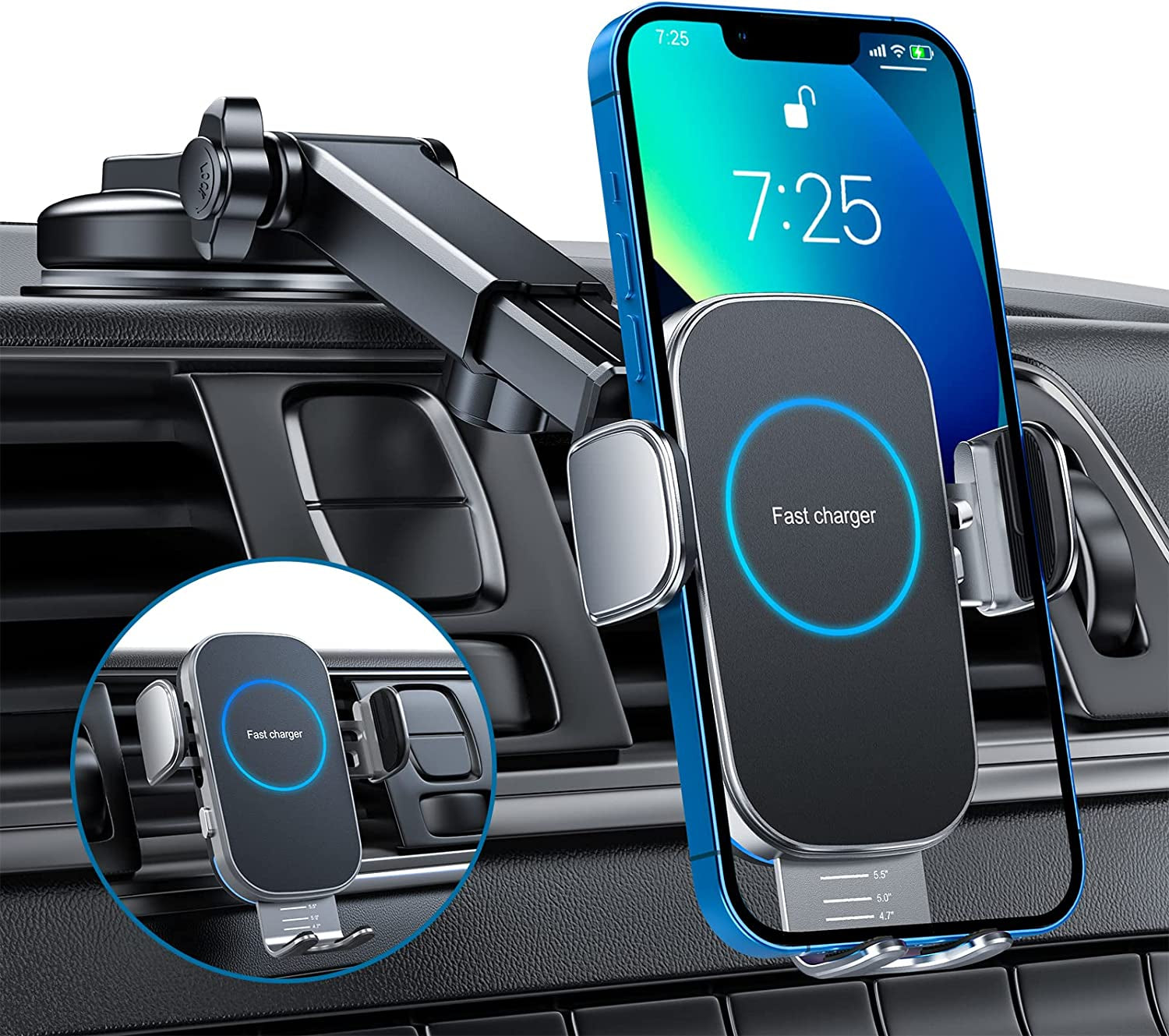 Wireless Car Charger, 15W Auto-Clamping Charger Mount, Air Vent Car Charging Holder for Iphone 14/14 Pro/13/13 Pro /12/12 Pro/ 11/11 Pro/Xr/Xs/X/8, Samsung S23/S22/S21(With QC 3.0 Charger)  Shenzhen Meskey Technology co.,ltd Suction Black  