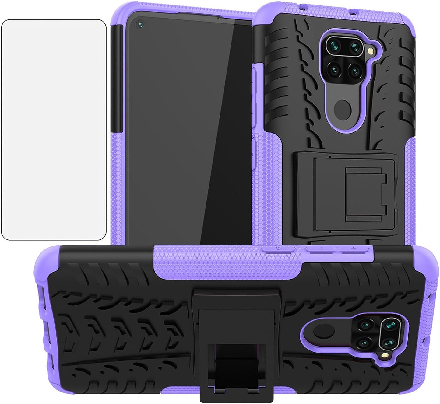 Phone Case for Xiaomi Redmi Note 9 with Tempered Glass Screen Protector Cover and Stand Kickstand Hard Rugged Hybrid Protective Cell Accessories Xiami Xiomis Xiome Redme Note9 4G Cases Men Black Blue  Asuwish Purple For Redmi Note 9 4G 