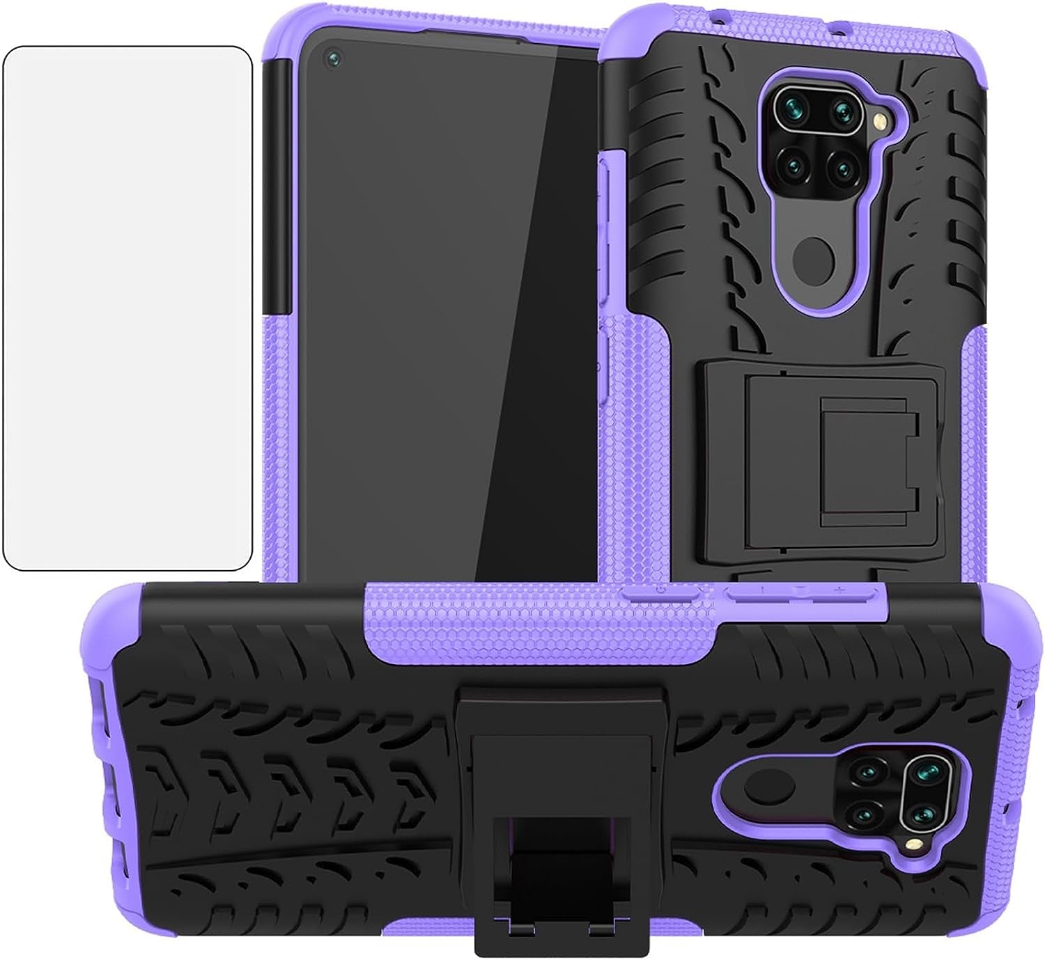 Phone Case for Xiaomi Redmi Note 9 with Tempered Glass Screen Protector Cover and Stand Kickstand Hard Rugged Hybrid Protective Cell Accessories Xiami Xiomis Xiome Redme Note9 4G Cases Men Black Blue  Asuwish Purple For Redmi Note 9 4G 