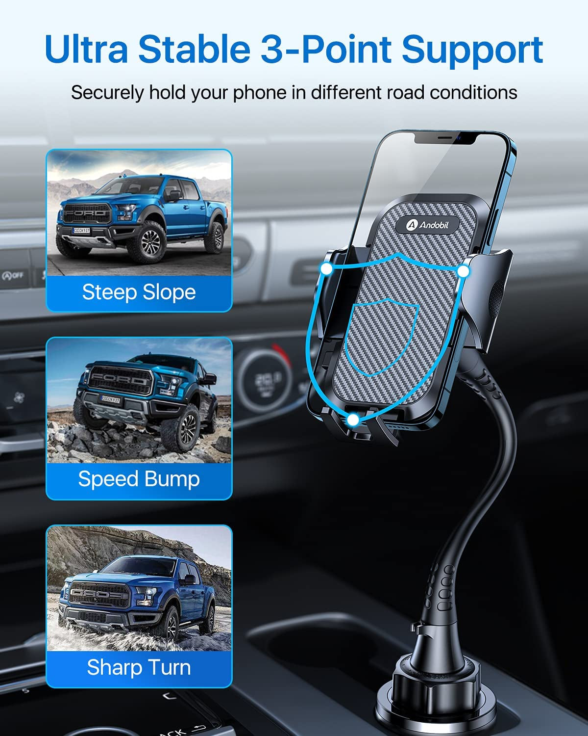 Andobil [Newest & Solidest 15In Cup Holder Phone Mount, [Stable & Adjustable] Long Gooseneck Cup Phone Holder for Car Truck [Military-Grade] Fit for Iphone 14 13 12 Pro Max & All Cell Phones  andobil   