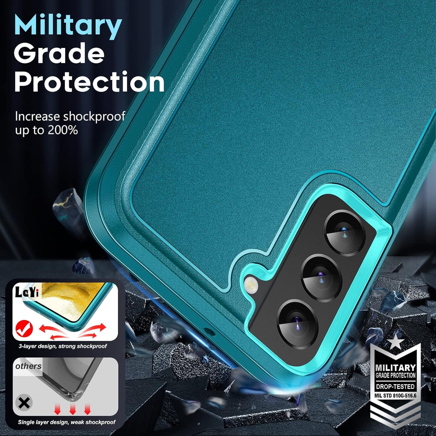 Leyi for S22 plus Case, Galaxy S22 plus Case, 3 in 1 Full Body Shockproof Rubber Dustproof Rugged Defender Protection Case for S22 Plus, Teal  LeYi   