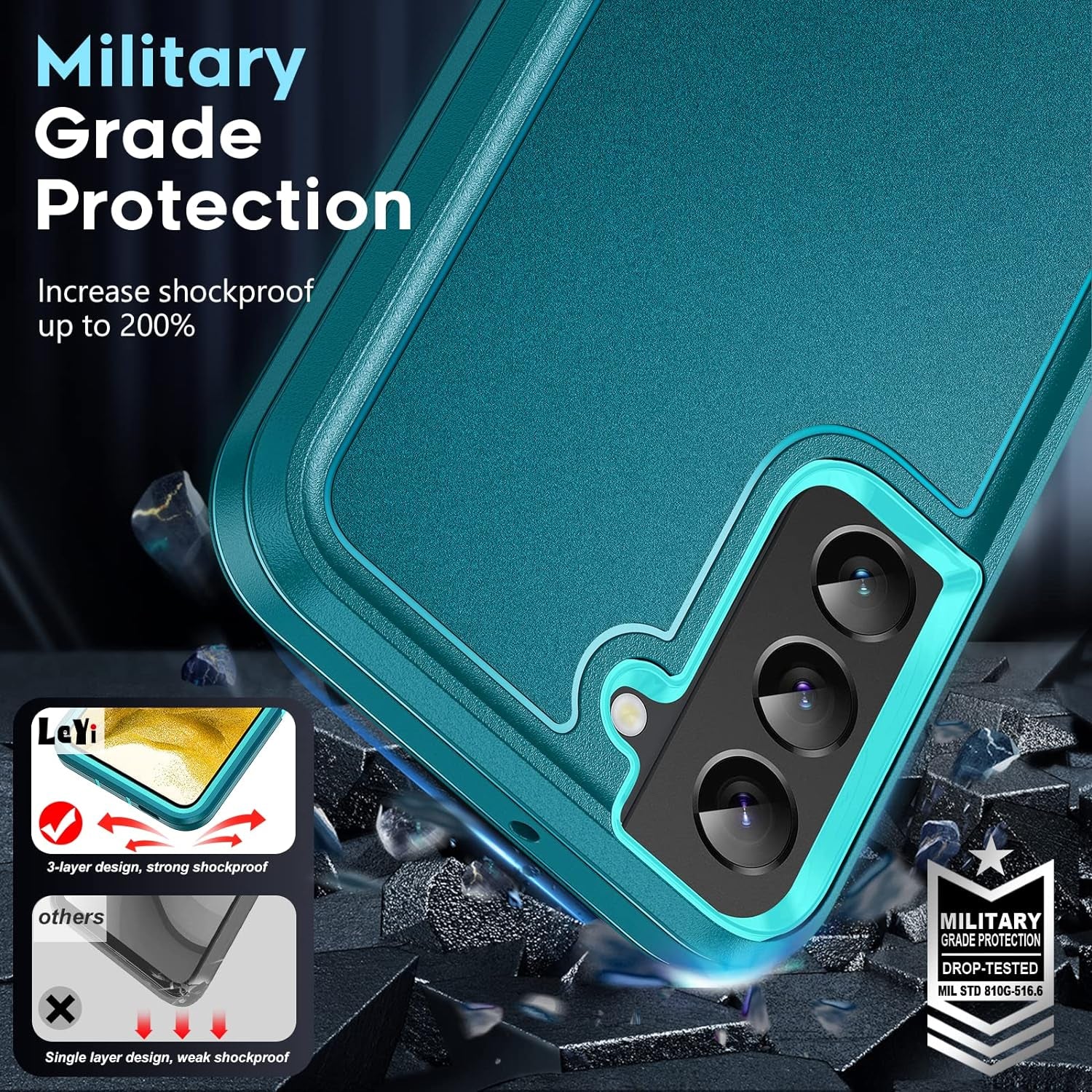 Leyi for S22 plus Case, Galaxy S22 plus Case, 3 in 1 Full Body Shockproof Rubber Dustproof Rugged Defender Protection Case for S22 Plus, Teal  LeYi   