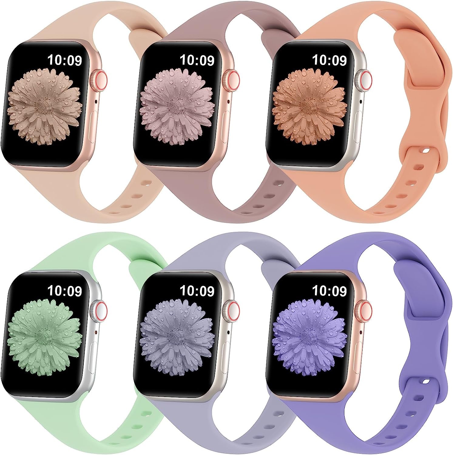 Slimband 6 Pack Slim Silicone Bands Compatible for Apple Watch Band 38Mm 40Mm 41Mm 42Mm 44Mm 45Mm 49Mm, Narrow Replacement Strap Thin Wristband for Iwatch Ultra Series 8/SE/7/6/5/4/3/2/1 Women Men  Slimband Milk Tea/Smoke Violet/Cantaloupe/Pistachio/Lavender Grey/Lilac 38mm/40mm/41mm 