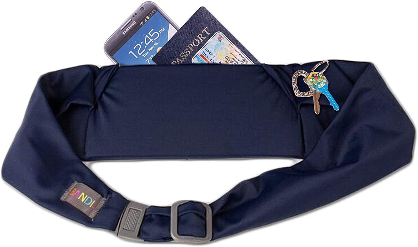 BANDI Large Travel and Running Belt, Securely Carry Keys, Phone, Medicine, Money or Food While You Exercise or Travel within Its Sleek 3 Pocket Design, Size 7.5 Inch by 3.5 Inch Black Solid One Size  BANDI WEAR LLC Navy  