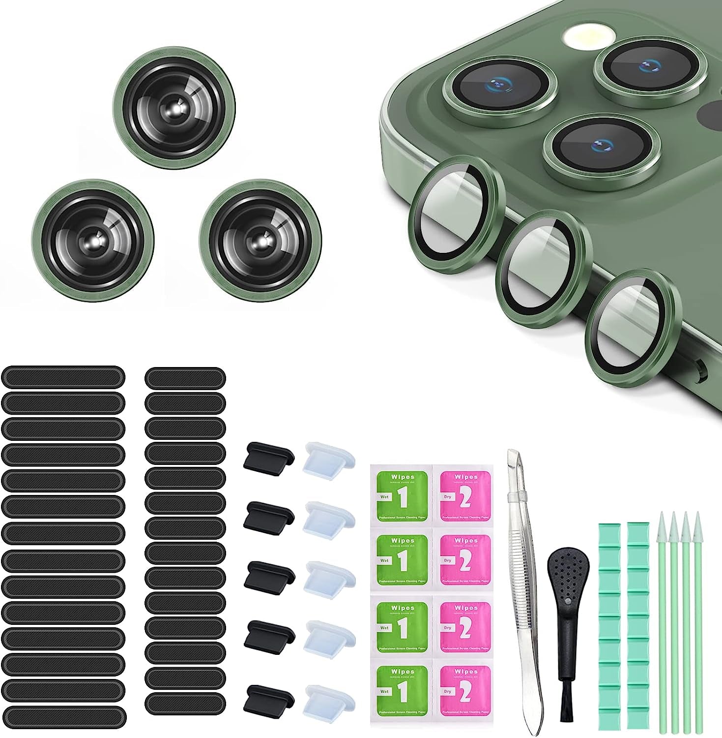 16 PCS Iphone Metal Speaker Dust Cover (8PCS Black and 8PCS Silver) 2PCS Iphone Metal Dust Plug 10PCS Silicone Dust Plugs,With Cleaning Tools Compatible Iphone 12/13 /14 Pro/Pro Max/Iphone Series  Pohgelan green iphone 13Pro/Pro Max 