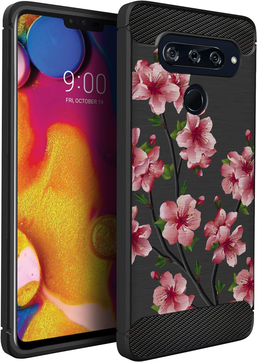 Casesondeck Case Compatible with [LG V40 Thinq] Tribal Floral Matte TPU Flexible Carbon Fiber Textured (Dreamcatcher)  CasesonDeck Pink Blossom  