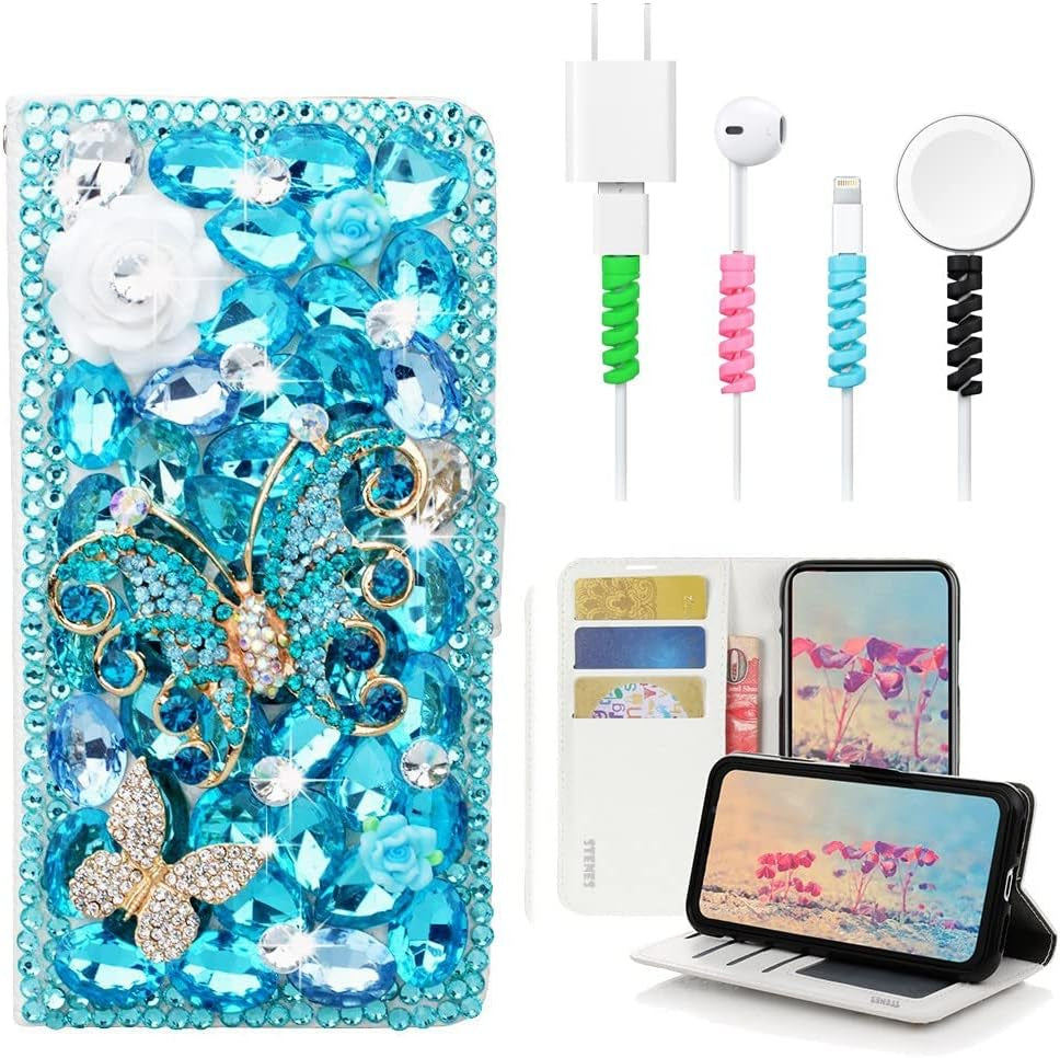 STENES Bling Wallet Case Compatible with LG V40 Thinq - Stylish - 3D Handmade Gemstone Octopus Crown Leather Cover with Cable Protector [4 Pack] - Light Blue  STENES Rose Flowers Butterfly / Light Blue Design For Google Pixel 7 Pro Case 