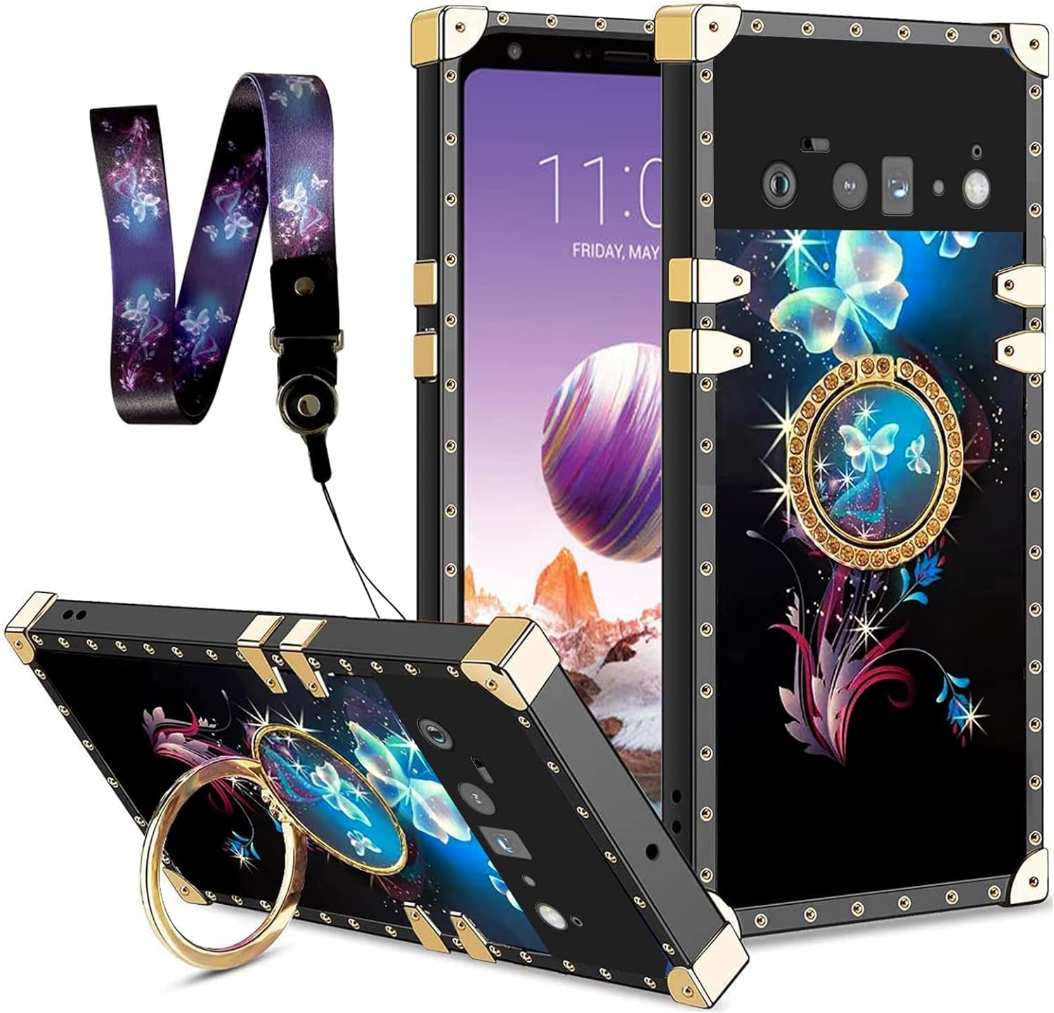 Nancheng Case for Google Pixel 6A (Not Pixel 6/6 Pro) Square Back Cover Design Colorful Petal Stars Sky with Diamond Holder Ring Strap Lanyard Shockproof Protective Phone Case for Pixel 6A - Flowers  nancheng Pixel 6 Pro-Butterfly Darkblue  