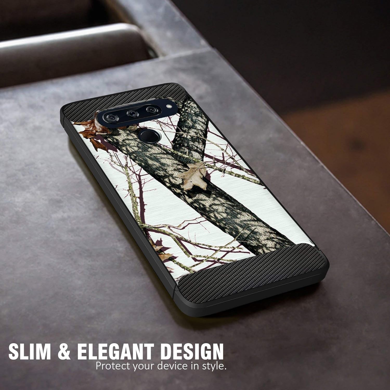 Cases on Deck White Case Compatible with [LG V40 Thinq] Hunters Series Slim No Bulk Carbon Fiber Texture Black Flexible TPU Material (Snow Hunters Camo)  CasesonDeck   