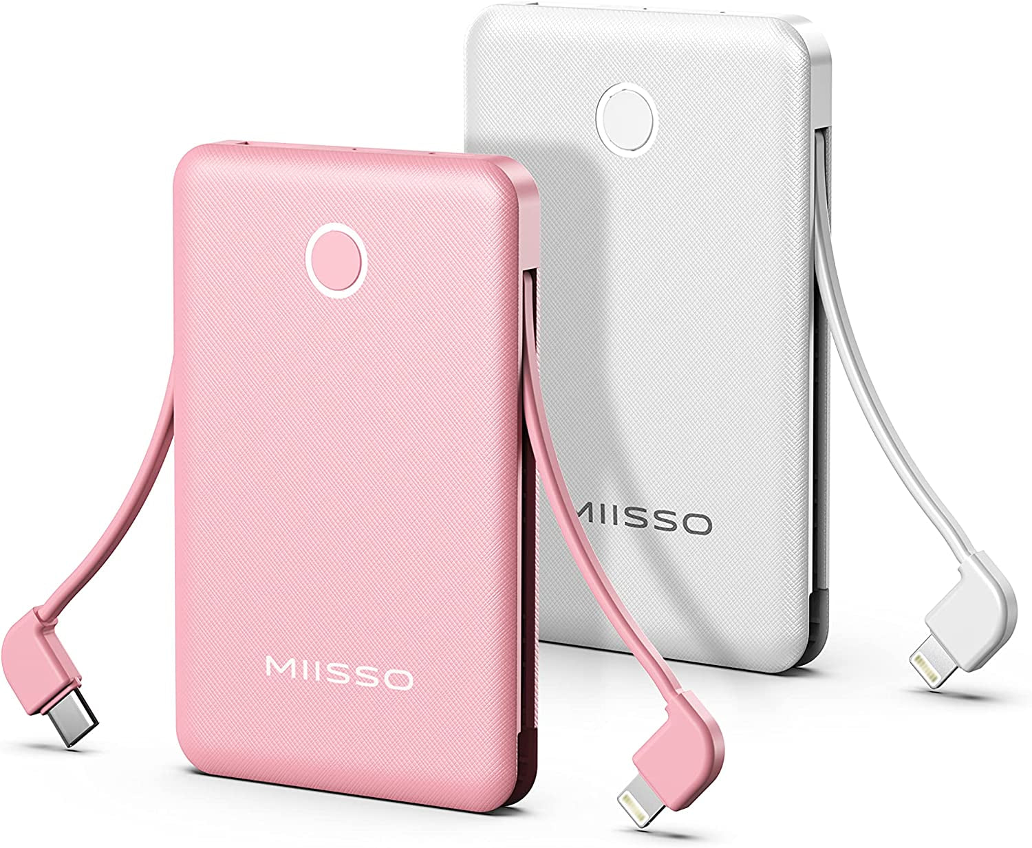 6000Mah Ultra Slim Built in Cables Power Bank, Card Size Built in USB C Cords Battery Pack Portable Charger for Phones, 3 Output External Battery Pack Compatible with Iphone, Samsung and Heated Vest  SHENZHEN APPLESSUN ELECTRONIC CO.LTD 2 pack 6000mah Pink & White  