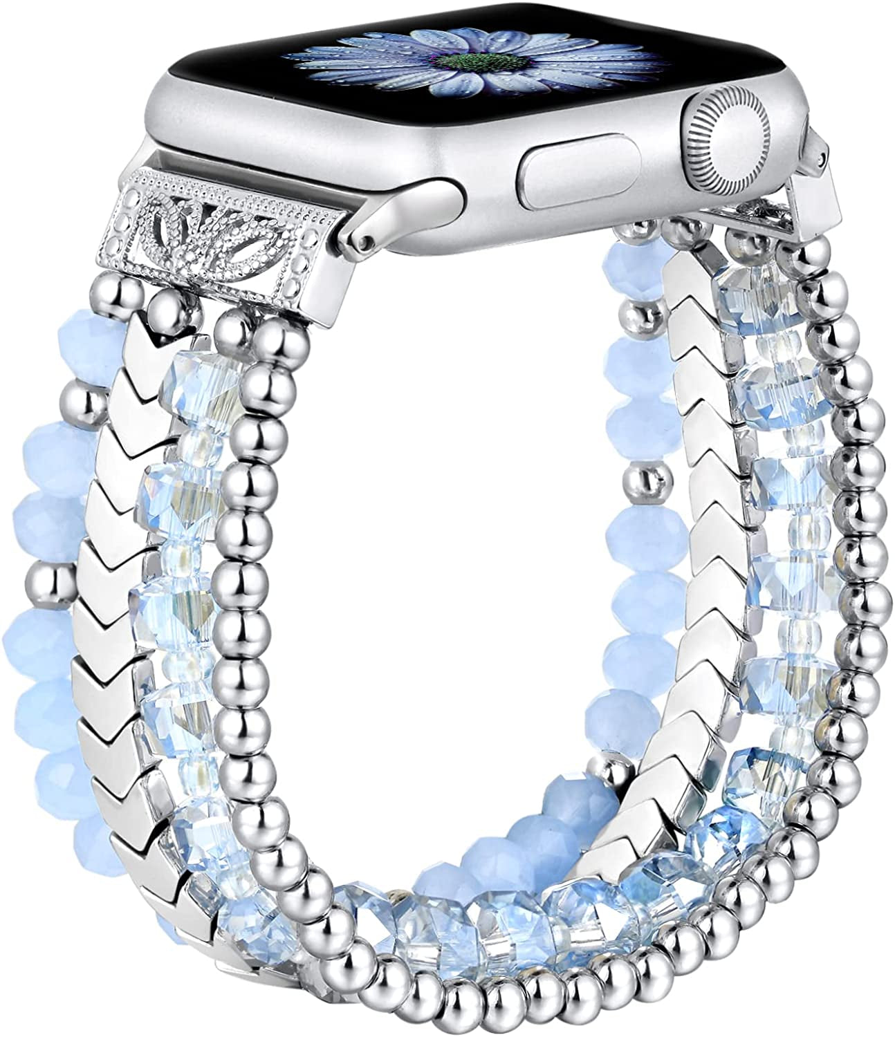 Fastgo Bracelet Band Beaded Compatible with Apple Watch 38Mm 40Mm 41Mm 42Mm 44Mm 45Mm 49Mm Women, Fashion Elastic Stretch Strap Bands for Iwatch SE &Series Ultra 8 7 6 5 4 3 2 1(Black/Sliver/Grey,S/M)  fastgo Z-Blue/Silver Crystal 38mm/40mm/41mm-S/M(5.5”-6.0”) 