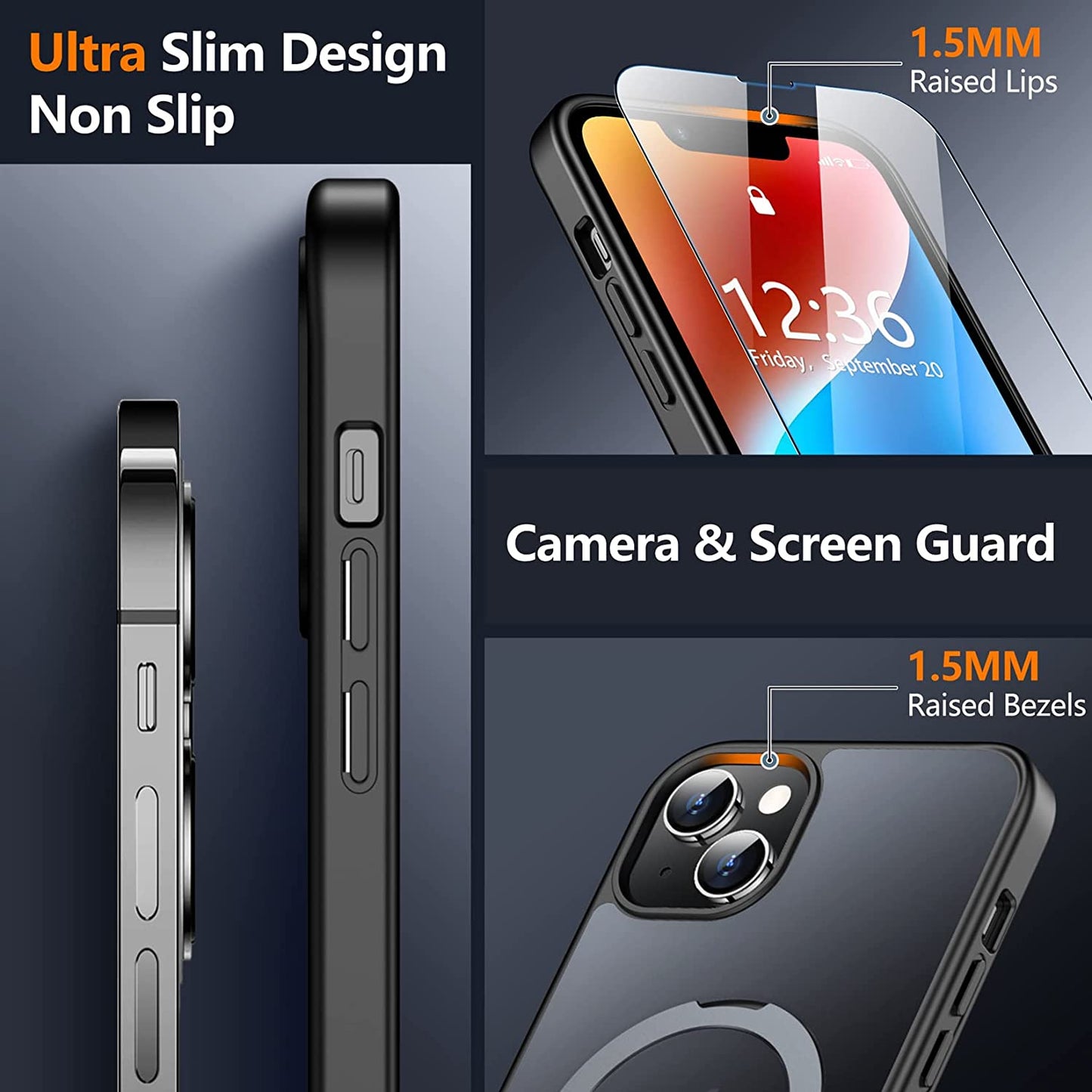 SPIDERCASE for Iphone 14 plus Case with Magnetic Invisible Stand,[Compatible for Magsafe][Military Grade Shockproof][2 Pack Tempered Glass Screen Protector] Translucent Matte Phone Case, Black  SPIDERCASE   