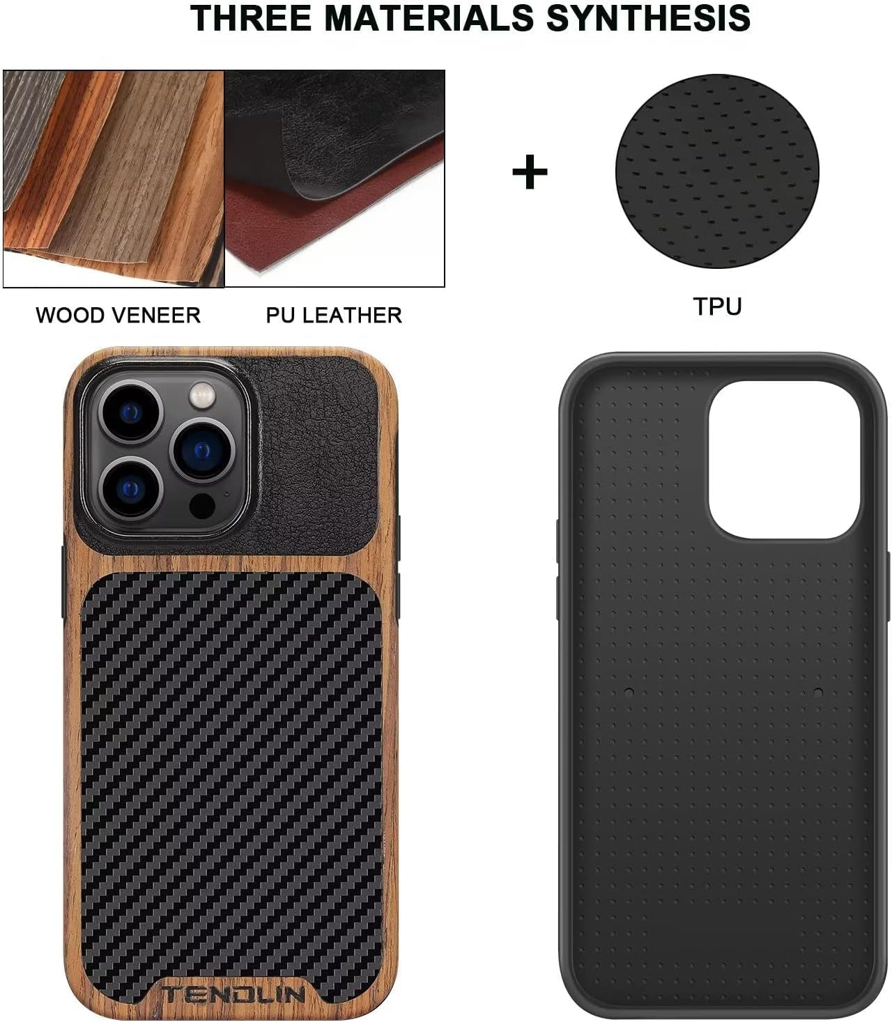 TENDLIN Compatible with Iphone 14 Pro Case Wood Grain with Carbon Fiber Texture Design Leather Hybrid Slim Case Black  TENDLIN   