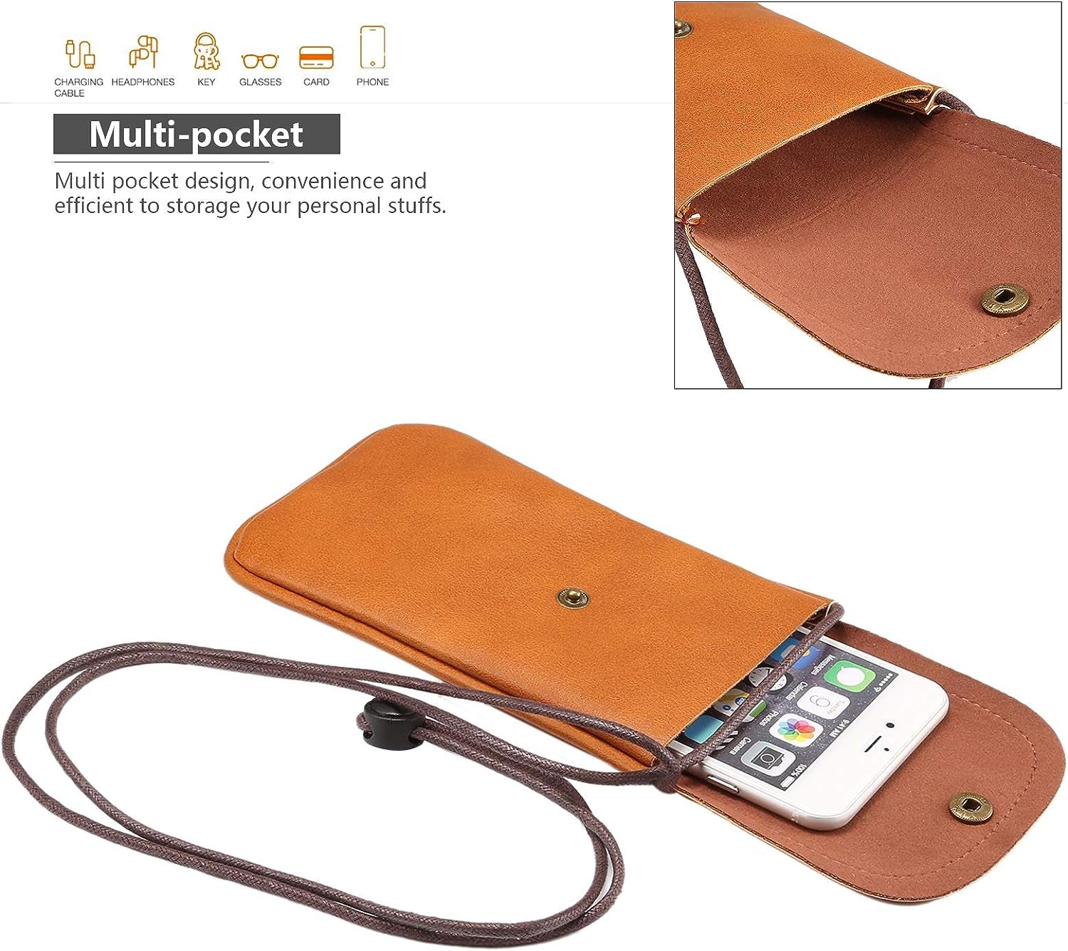 Cell Phone Neck Pouch, Techcircle PU Leather Carrying Bag with Credit Card Holder Adjustable Strap, Small Travel Purse for Iphone 11 XR XS Max SE 8 7 6 Plus, Galaxy S10 S7 Edge A10 J7, Moto G6 (Brown)  Techcircle   