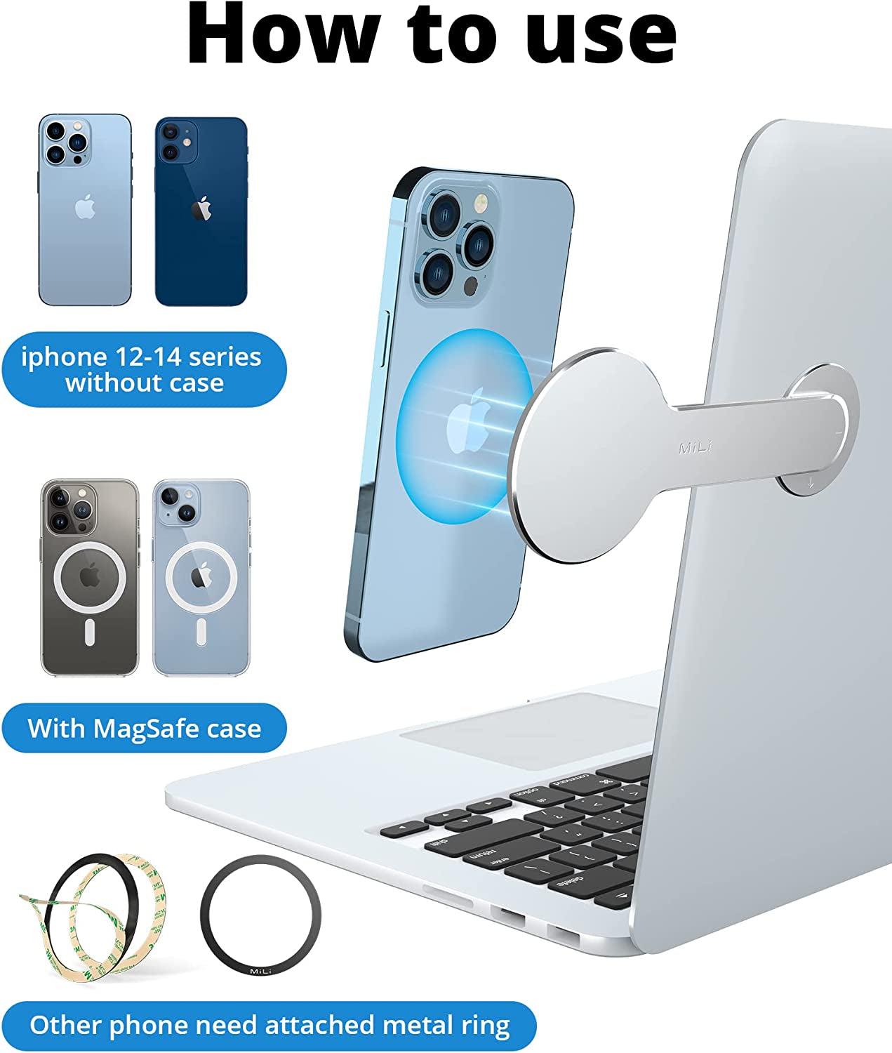 Mili Magnetic Laptop Phone Holder, Adjustable Monitor Side Mount Phone Holder, Screen Extension Bracket for Imac/Macbook, Compatible with Magsafe for Iphone 12/13/14 Max/Pro/Mini (Silver)  MiLi   