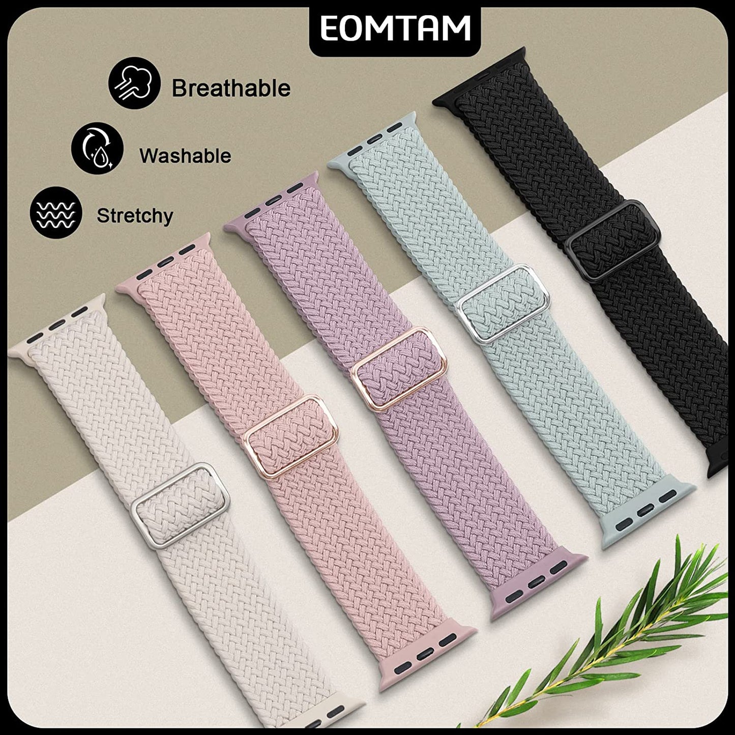 EOMTAM 5 Pack Braided Stretchy Adjustable Straps Compatible for Apple Watch Band 38Mm 40Mm 41Mm 42Mm 44Mm 45Mm 49Mm for Women Men ,Sport Elastic Nylon Cloth Wristbands for Iwatch Series Ultra 8 SE 7 6 5 4 3  EOMTAM   