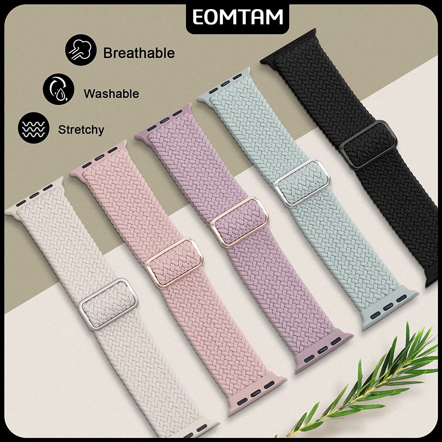 EOMTAM 5 Pack Braided Stretchy Adjustable Straps Compatible for Apple Watch Band 38Mm 40Mm 41Mm 42Mm 44Mm 45Mm 49Mm for Women Men ,Sport Elastic Nylon Cloth Wristbands for Iwatch Series Ultra 8 SE 7 6 5 4 3  EOMTAM   