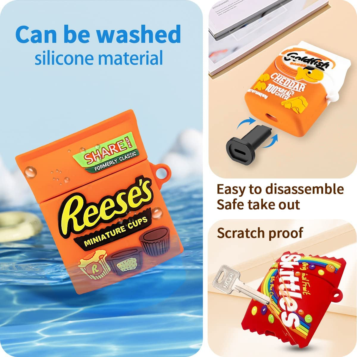 3PACK Cute Cover for Airpod Case 2Nd Generation, Funny Goldfish+Rainbow Candy+Chocolate Food Protective Cases, Kawaii Cartoon Soft Silicone Design for Apple Air Pod 2/1 Women Girls Boys with Keychain  TOLUOHU   