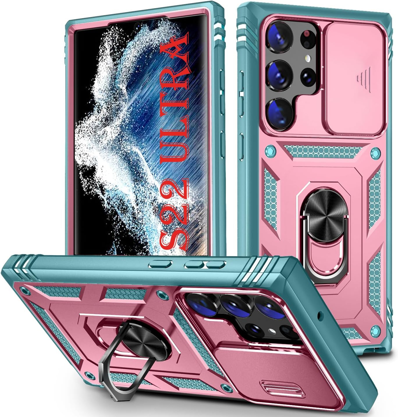 PASNEW for Samsung Galaxy S21 Ultra Case,Finger Ring Kickstand & Camera Cover Slide & Charge Port Dust Plug,Military Heavy Duty Full Body Shockproof Protective Hard Shell S21Ultra,6.8 Inch,Pink  PASNEW Pink+Green Samsung Galaxy S22Ultra【6.8"】 