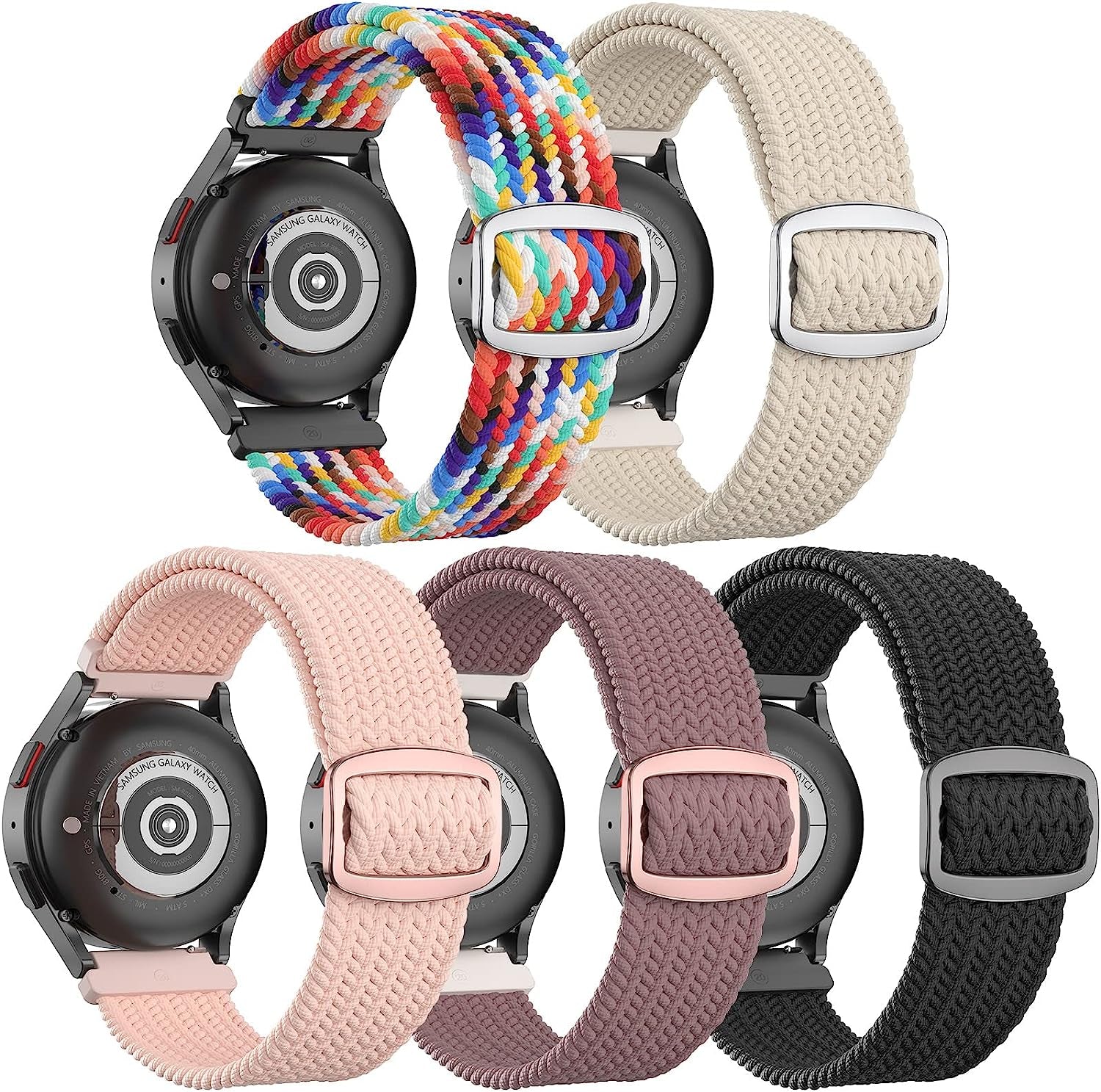 20Mm Braided Bands Compatible with Samsung Galaxy Watch 5&4 Band/Active 2 40Mm 44Mm/Galaxy Watch 5 Pro 45Mm/Galaxy Watch 4 Classic 42Mm 46Mm/Watch 3 41Mm, 5 Pack Elastic Stylish Quick Release Bands  ABOVEACC B-Pride Edition/Starlight/Pink Sand/Smoke Violet/Black  