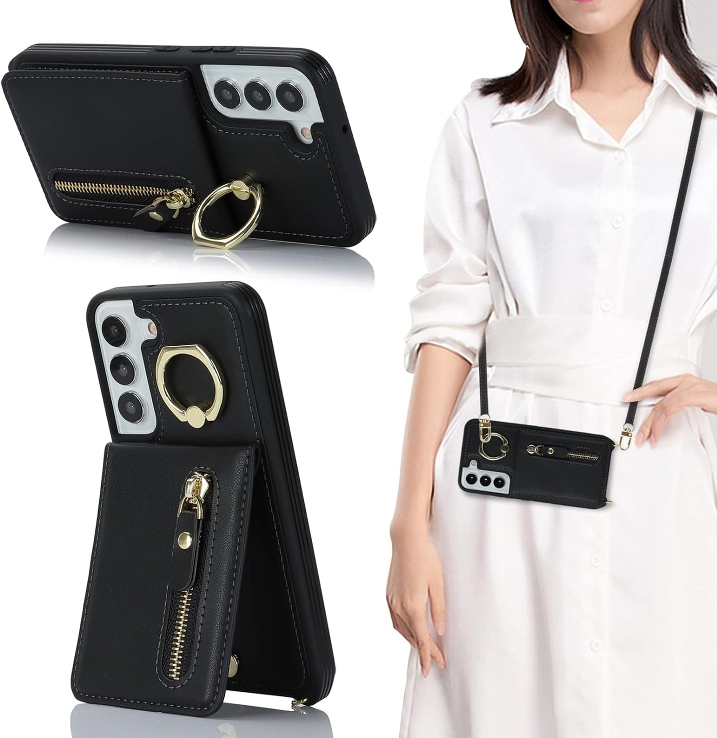 Jaorty Samsung Galaxy S22 5G Phone Case for Women with Card Holder,Samsung S22 Case Wallet Crossbody Lanyard with Strap,Credit Card Slots Kickstand Case with Ring Holder,6.1 Inch,Black  Jaorty   