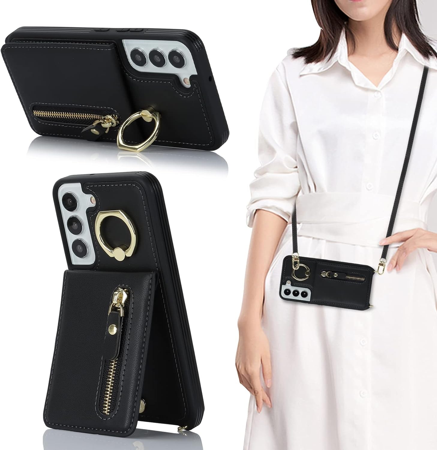 Jaorty Samsung Galaxy S22 5G Phone Case for Women with Card Holder,Samsung S22 Case Wallet Crossbody Lanyard with Strap,Credit Card Slots Kickstand Case with Ring Holder,6.1 Inch,Black  Jaorty   