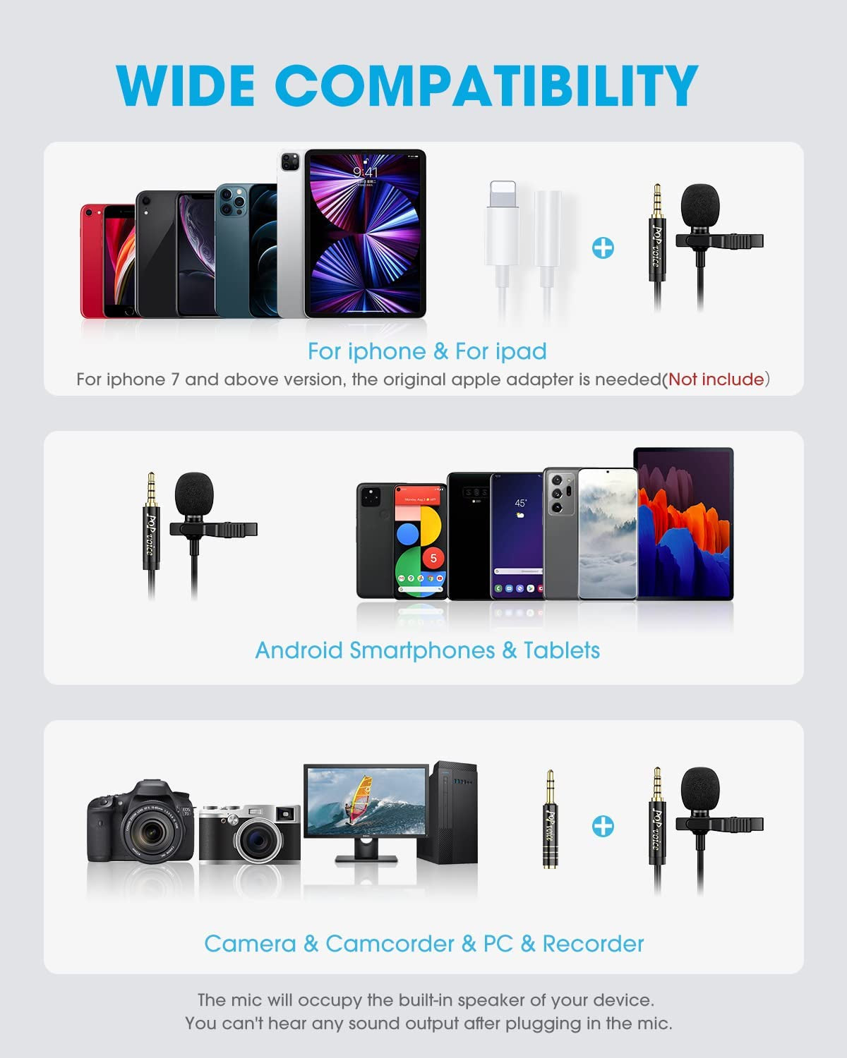 Pop Voice Lapel Microphone Lavalier Mic - Noise Cancelling 16 Feet Lav Mic for Iphone Android & Windows Smartphones, Youtube, Interview, Studio, Video Recording (Single Head Omnidirectional Condenser)  PoP voice   