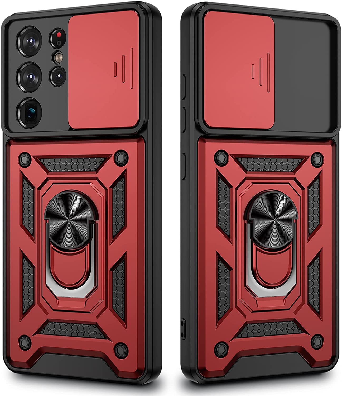 VEGO for Galaxy S21 Ultra Case with Slide Camera Cover, Built-In 360° Rotate Ring Kickstand Magnetic Cover Case for Samsung Galaxy S21 Ultra 5G 6.8 Inch - Black  VEGO Red  