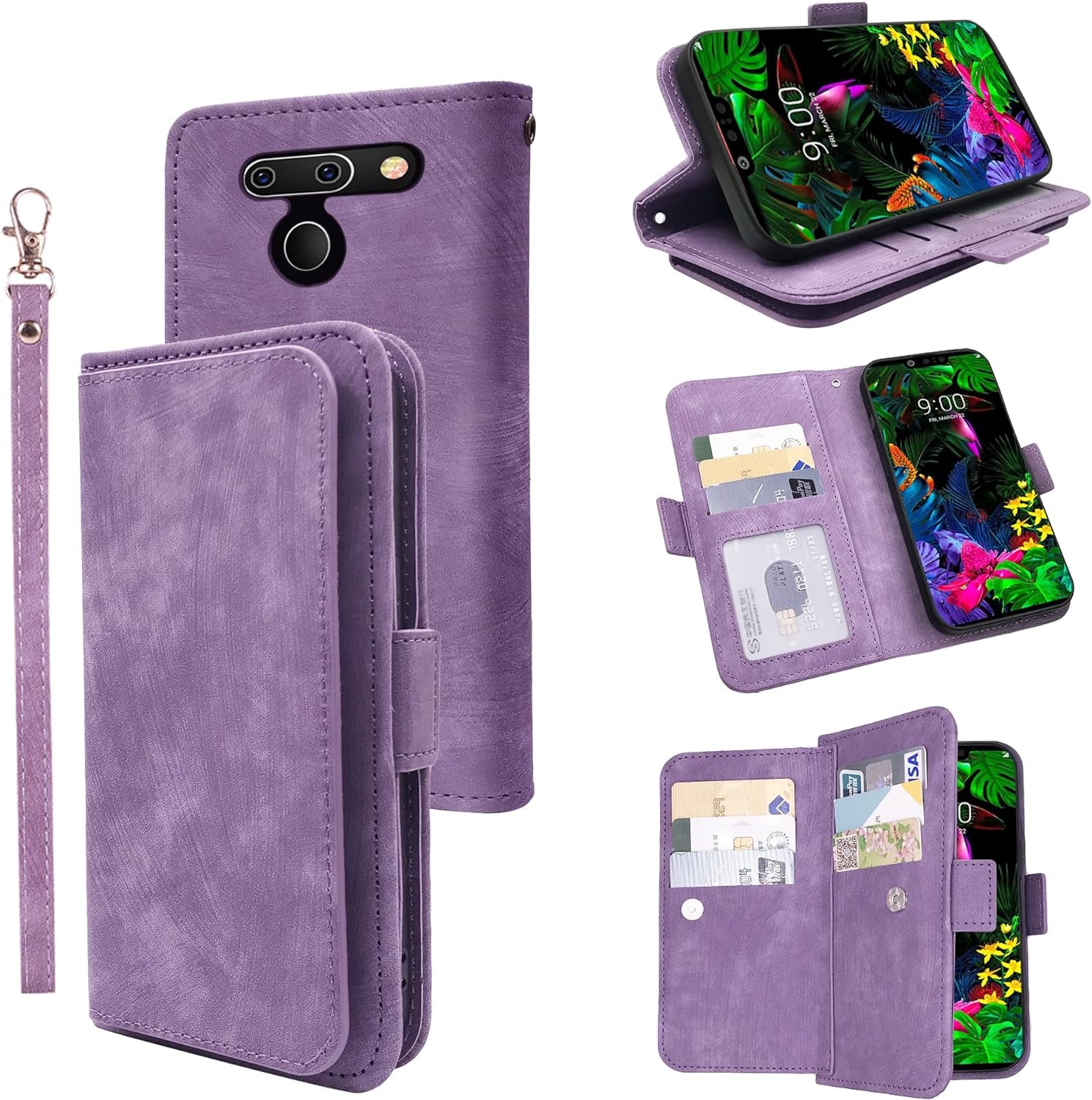 Furiet Compatible with LG G8 Thinq Wallet Case Wrist Strap Lanyard Leather Flip Card Holder Stand Cell Accessories Folio Phone Cover for LGG8 Thin Q G 8 LG8 G8Thinq Lgg8Thinq 8G Women Men Brown  Furiet Purple  