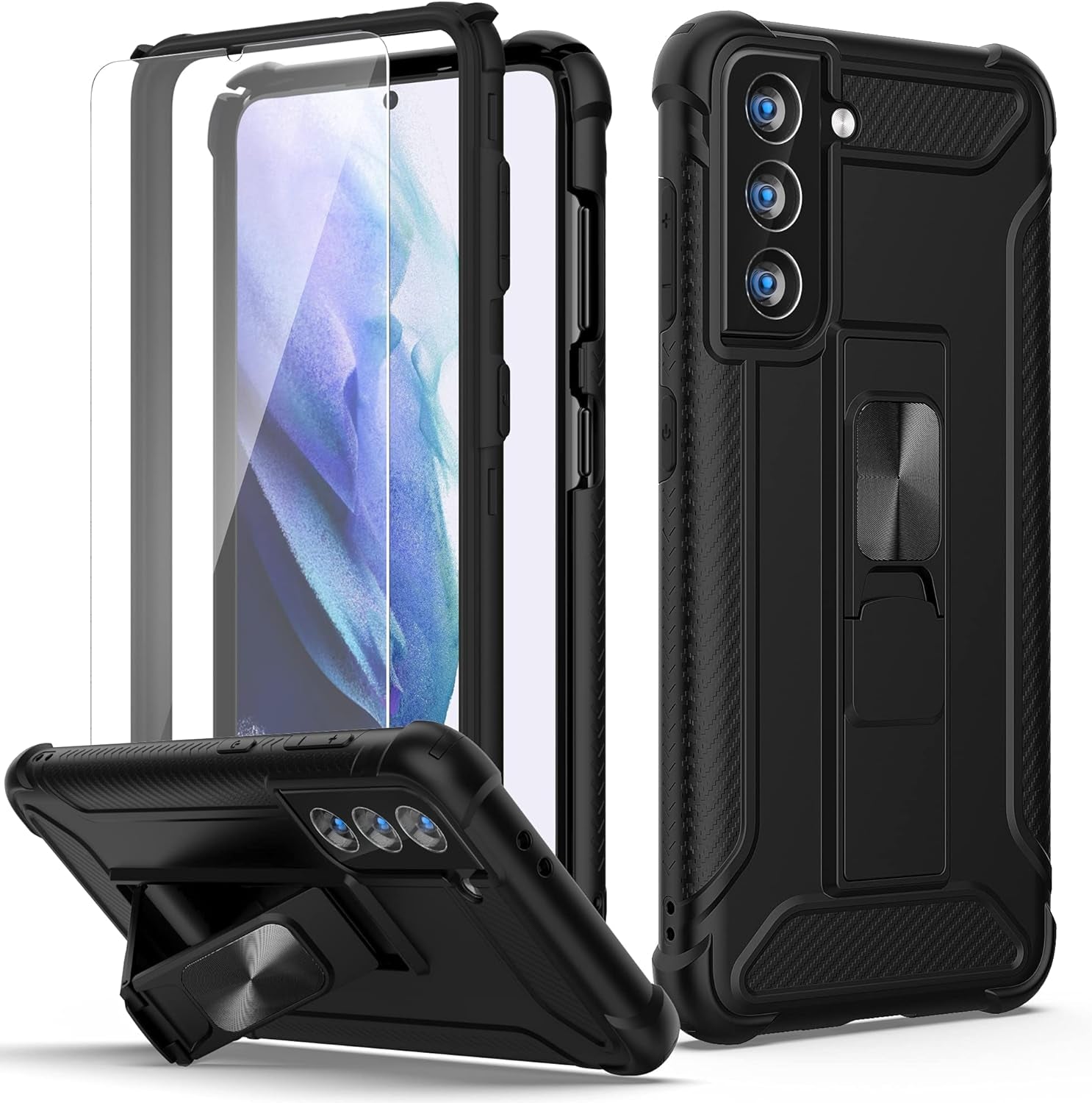 ORETECH Samsung S21 plus Case, Galaxy S21 plus Case with 2 X Tempered Glass Screen Protector for Samsung Galaxy S21 plus Phone Case with Built-In Kickstand for Samsung S21 plus Case -6.7" Red  ORETECH Black For Samsung Galaxy S21 Plus-6.7 Inch 