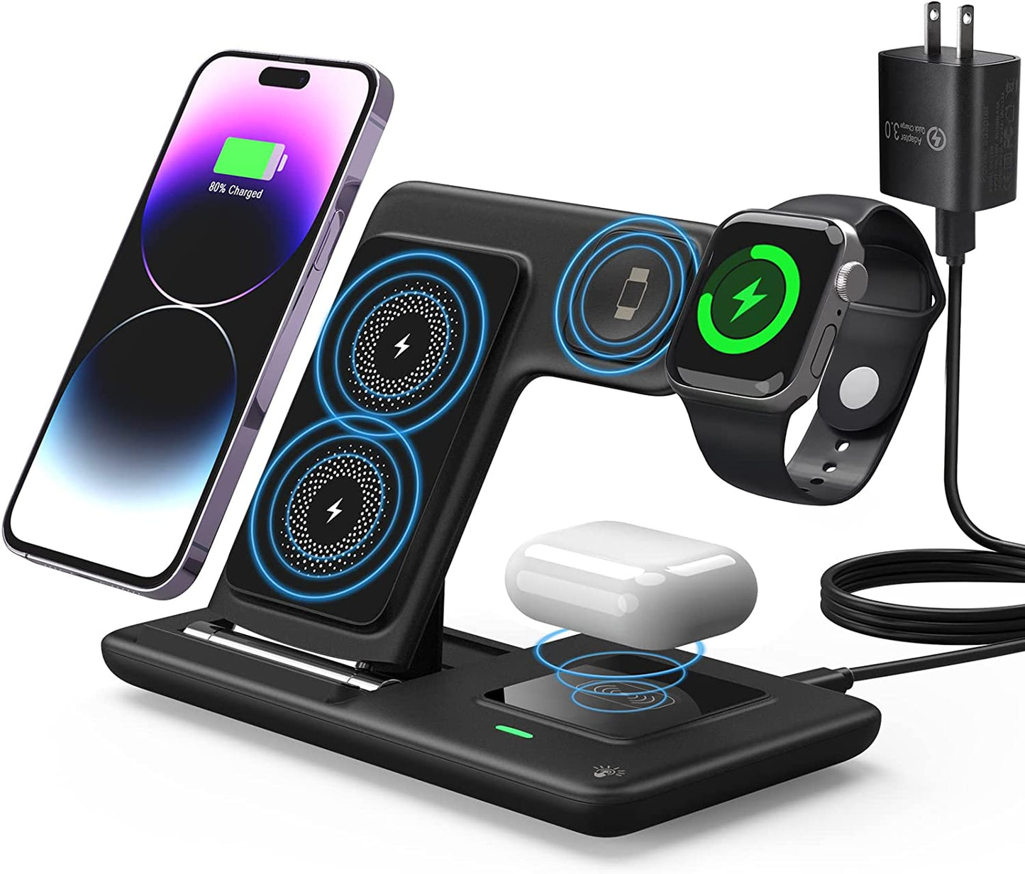 Charging Station for Apple Multiple Devices, 3 in 1 Fast Wireless Charger Foldable for Iphone 14/13/12/11/Pro/Xs/Xs Max/Xr/X/Se/8/8 plus Apple Watch 8/7/6/SE/5/4/3/2 Airpods 3/2/Pro with Adapter  Bauhoo   