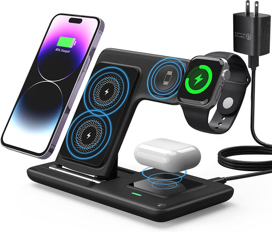 Charging Station for Apple Multiple Devices, 3 in 1 Fast Wireless Charger Foldable for Iphone 14/13/12/11/Pro/Xs/Xs Max/Xr/X/Se/8/8 plus Apple Watch 8/7/6/SE/5/4/3/2 Airpods 3/2/Pro with Adapter  Bauhoo   