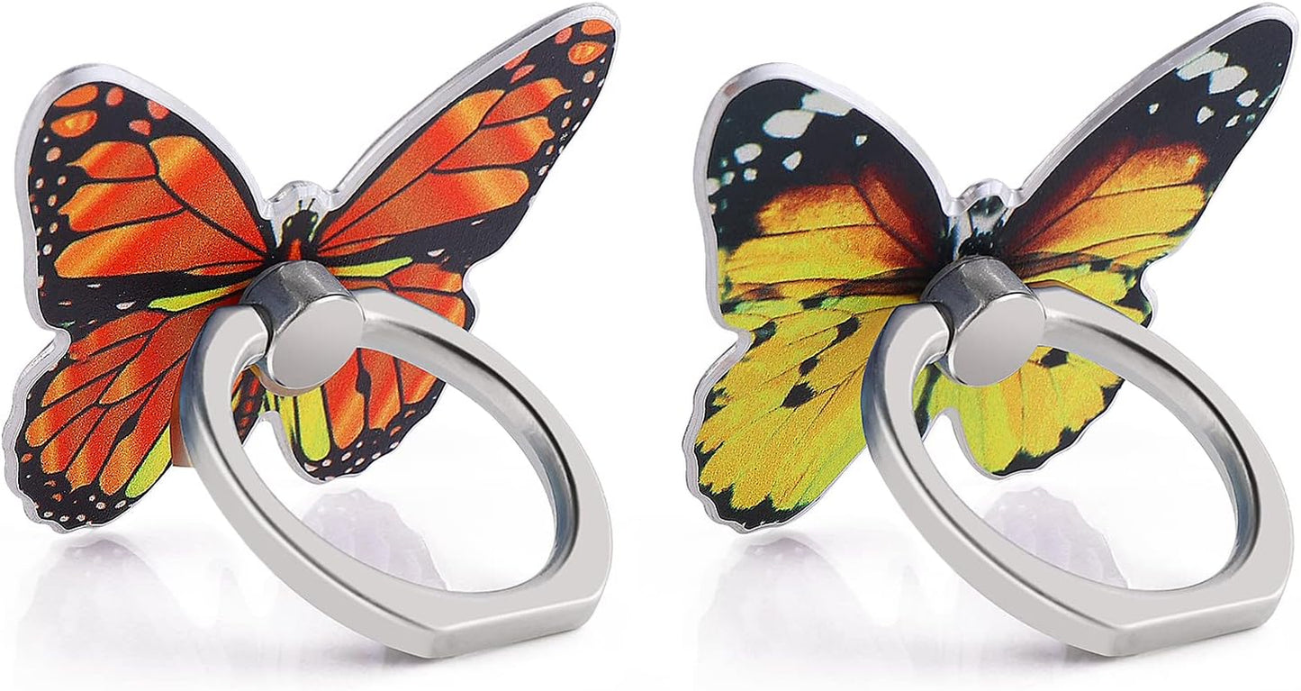 Cobee Butterfly Cell Phone Ring Stand Holder, 2 Pcs Cute Butterfly Pattern Painted Metal Finger Stand Kickstand 360°Rotation Phone Ring Holder Stand Ring Hand Grip with Knob Loop(Yellow, Orange)  Cobee   