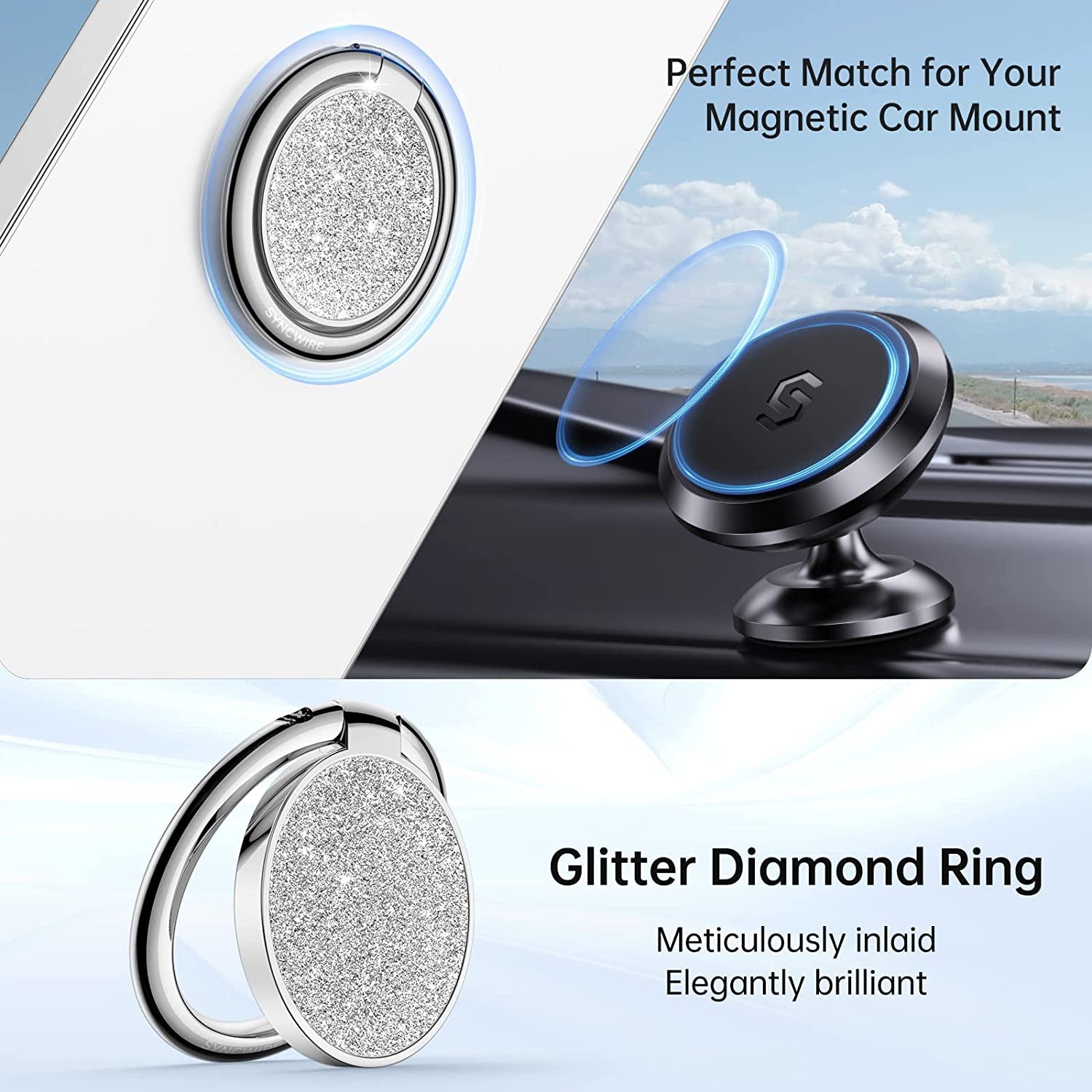 Syncwire Cell Phone Ring Holder Stand, Bling Bling Finger Ring Kickstand 360° Rotation Sparkle Phone Grip for Magnetic Car Mount Compatible with Iphone,Samsung,Pixel, All Smartphones - Glitter Silver  Syncwire   